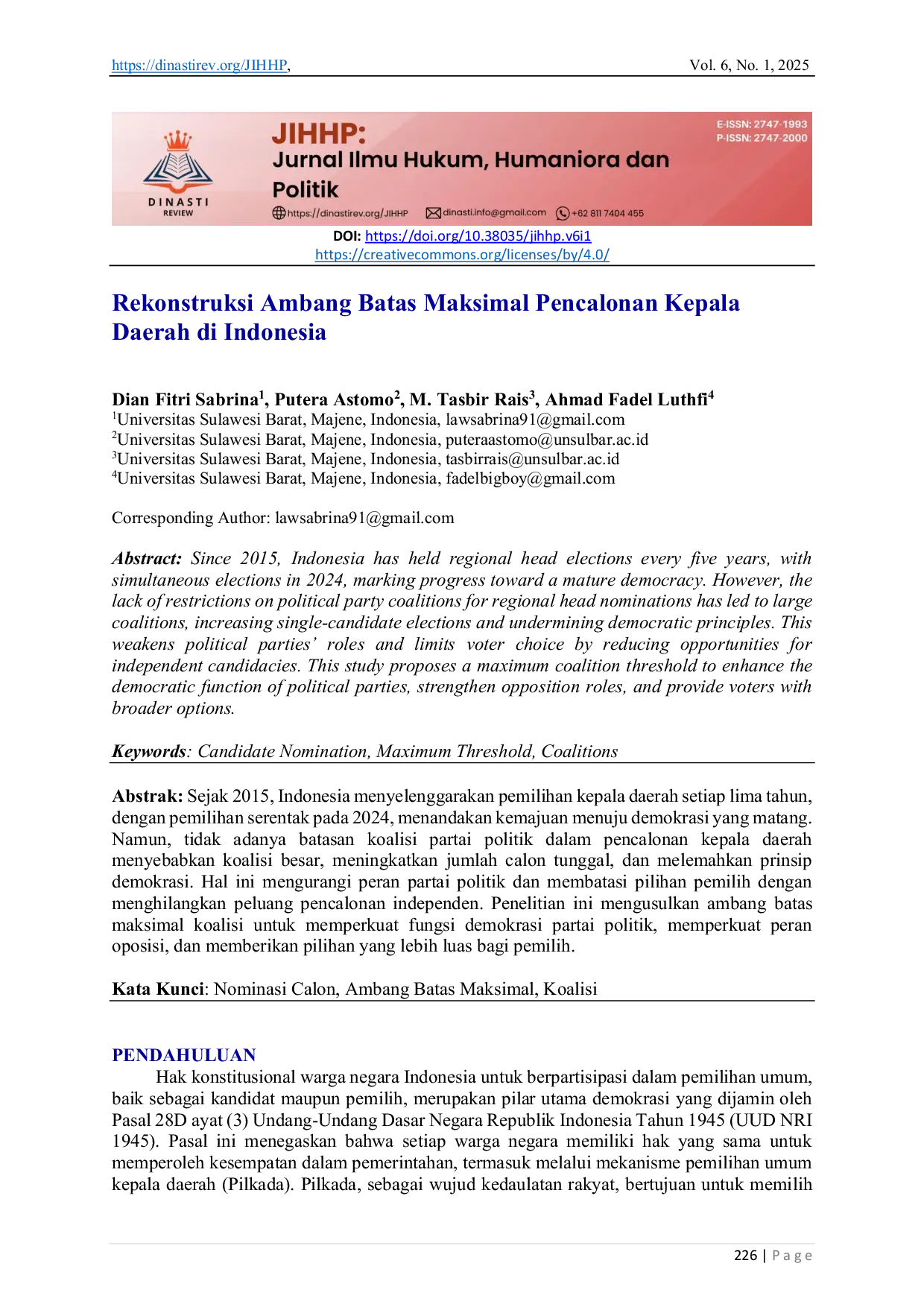 JURIS Rekonstruksi Ambang Batas Maksimal Pencalonan Kepala Daerah di Indonesia