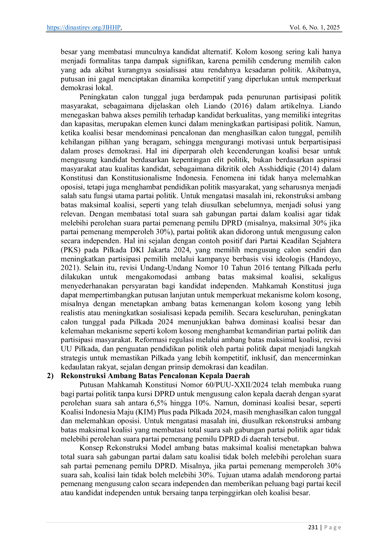 JURIS Rekonstruksi Ambang Batas Maksimal Pencalonan Kepala Daerah di Indonesia