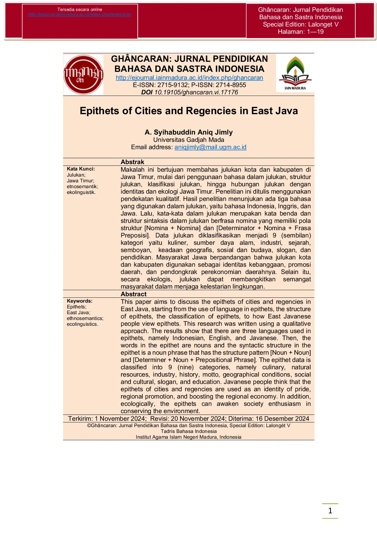 JURIS Epithets of Cities and Regencies in East Java