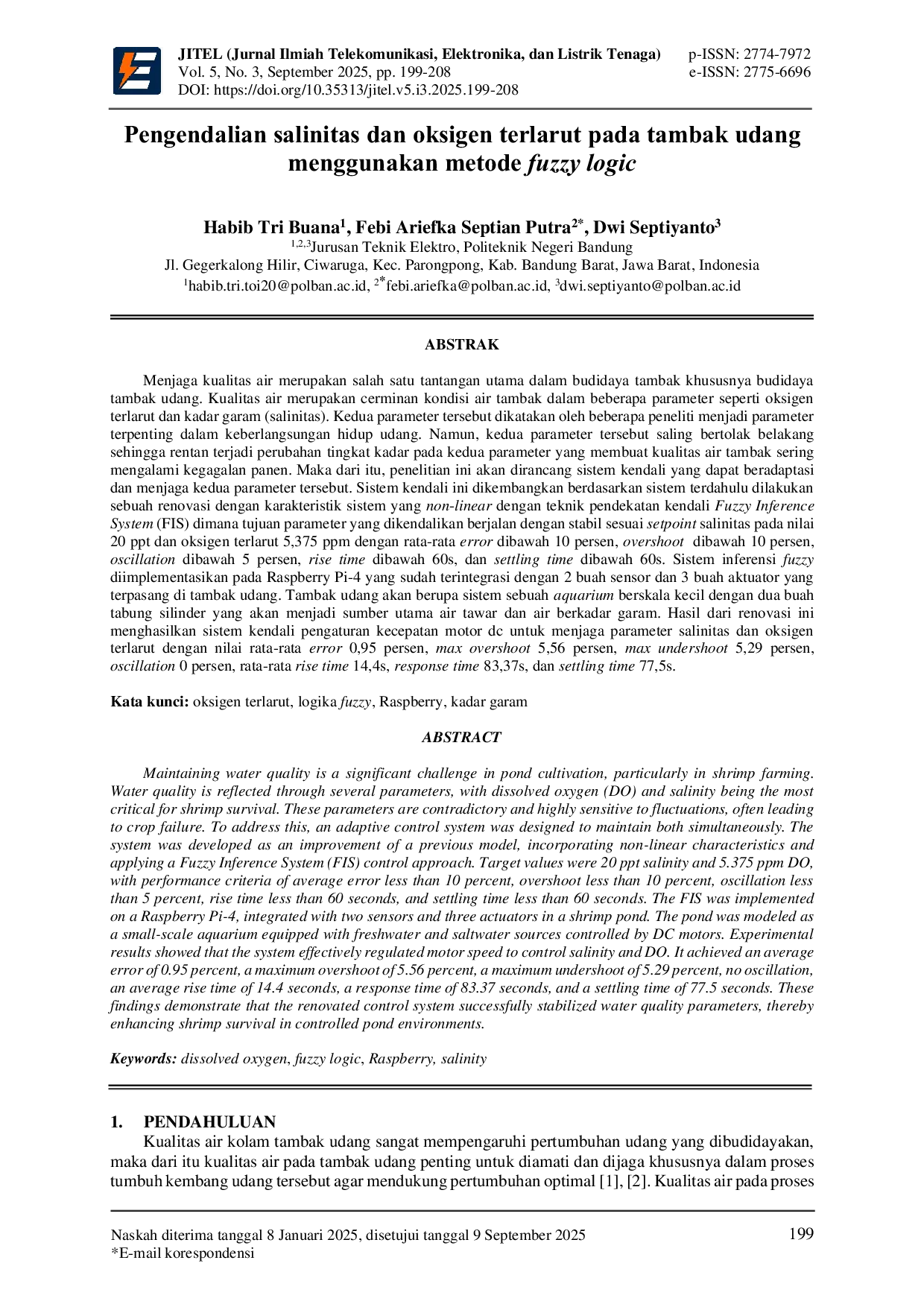 JURIS Pengendalian salinitas dan oksigen terlarut pada tambak udang menggunakan metode fuzzy logic