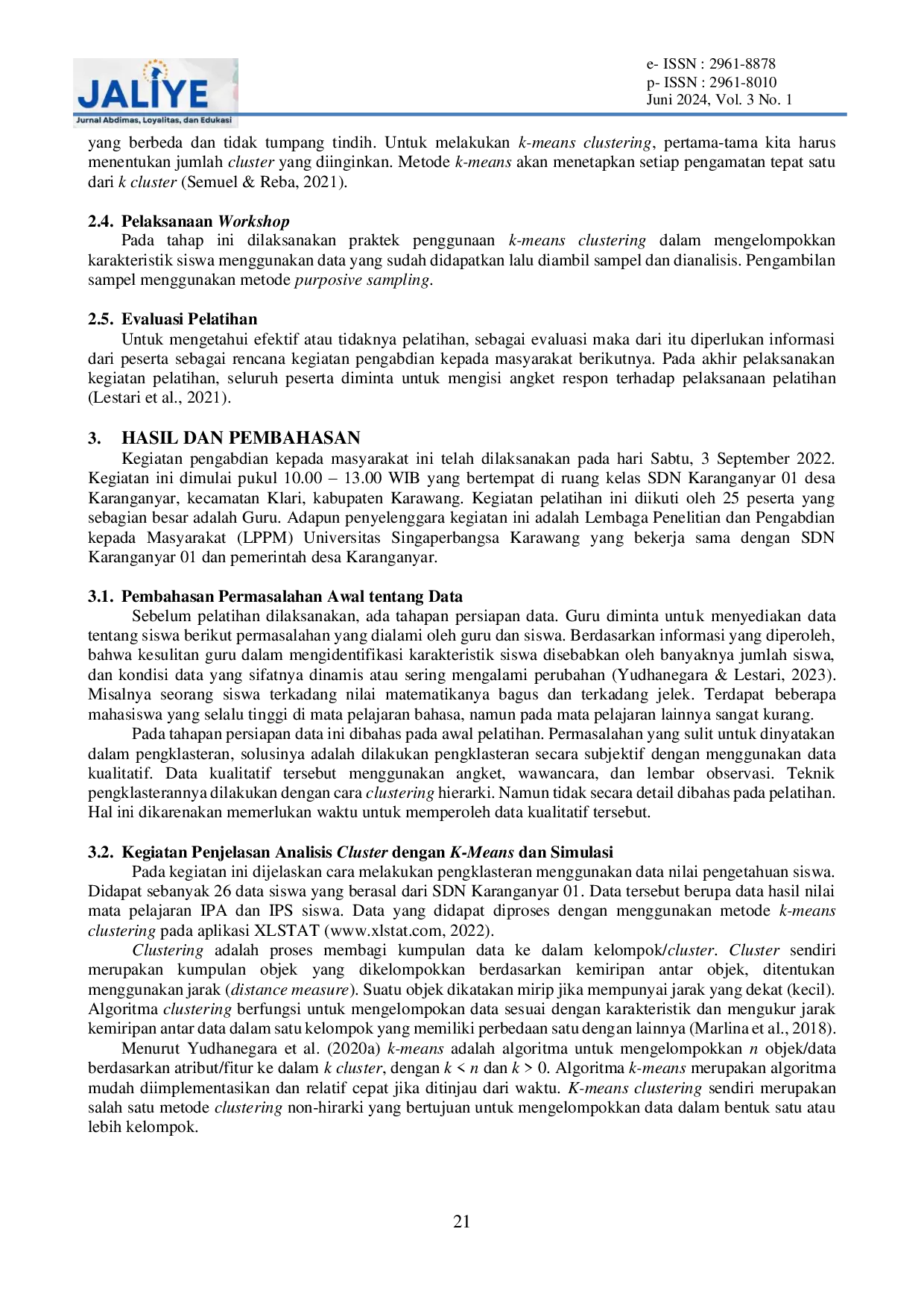 JURIS Pelatihan Penggunaan Algoritma K Means Clustering Untuk Mengidentifikasi Karakteristik Siswa