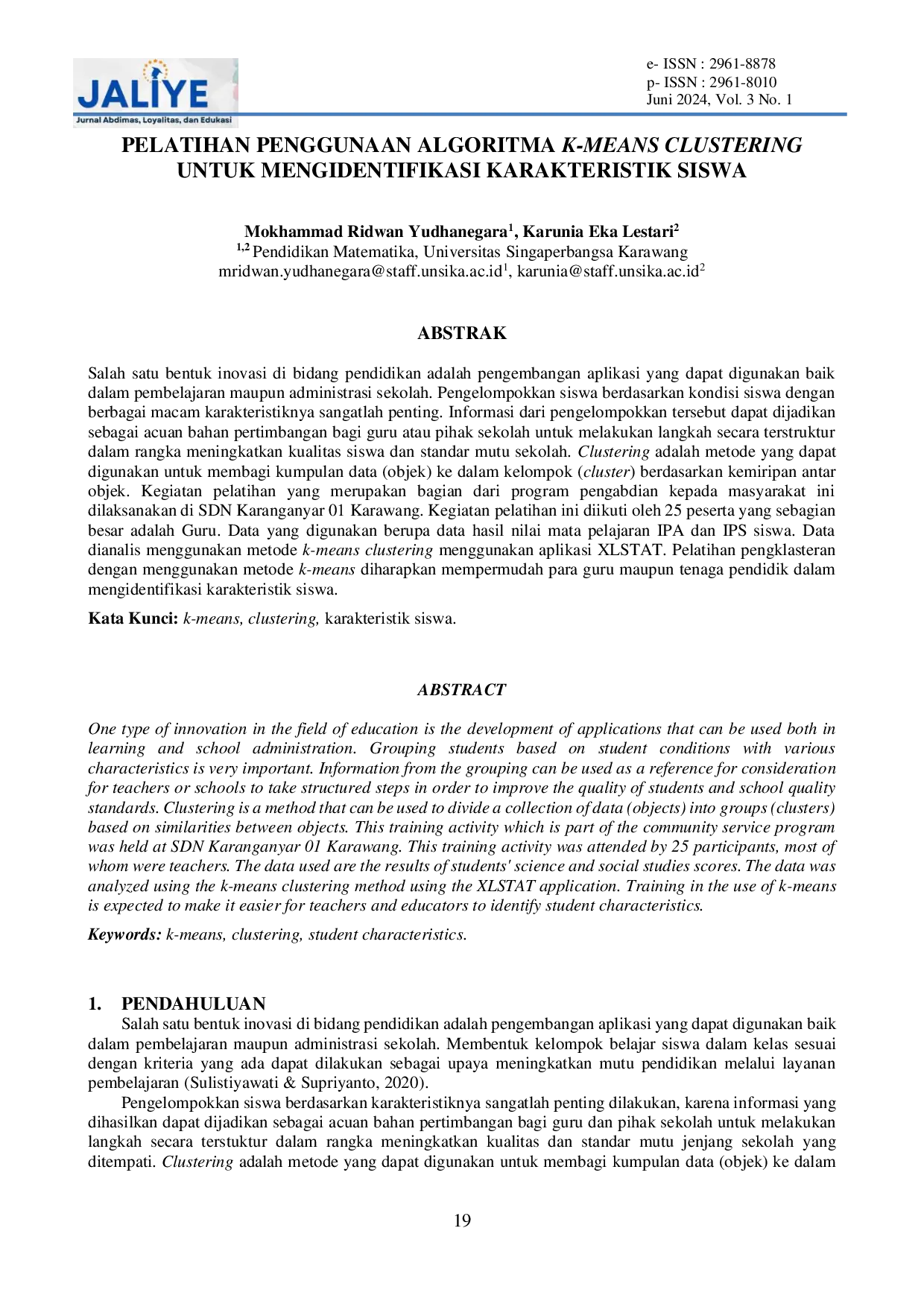 JURIS Pelatihan Penggunaan Algoritma K Means Clustering Untuk Mengidentifikasi Karakteristik Siswa