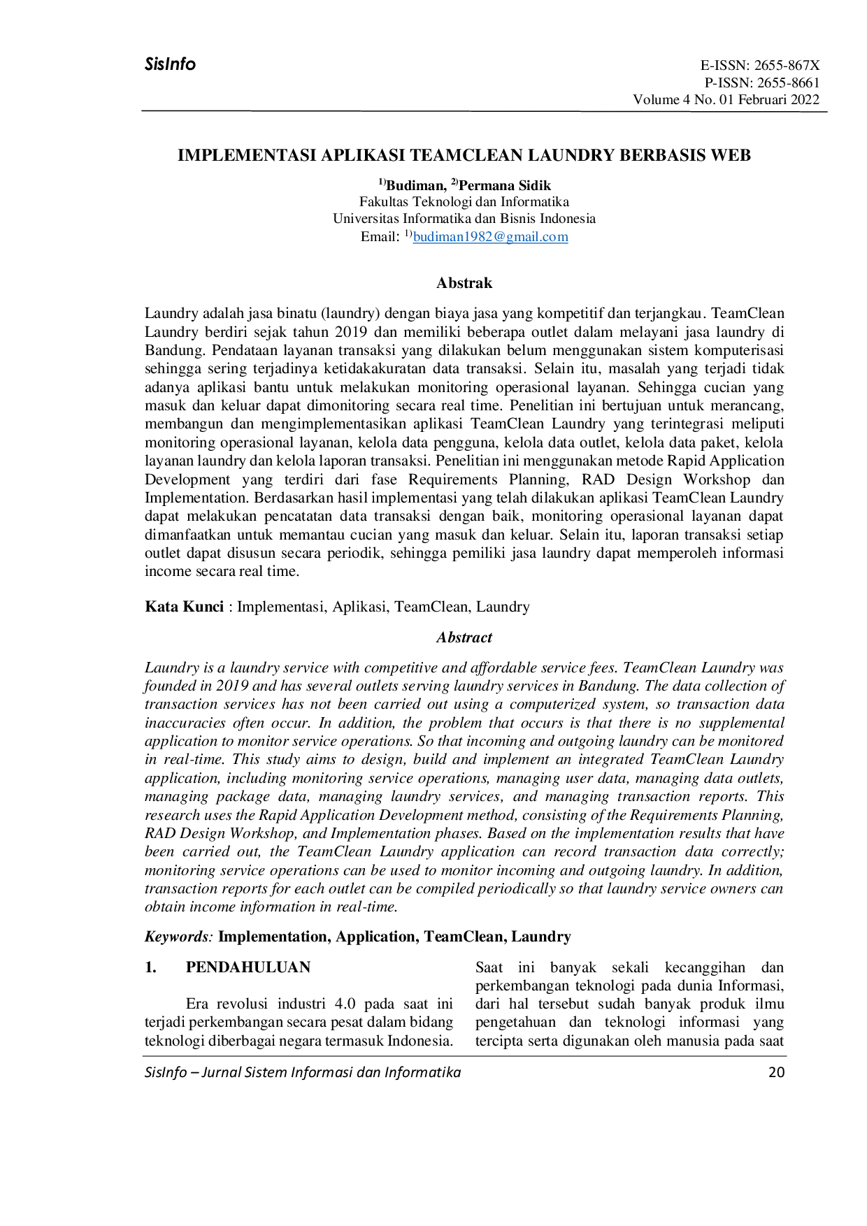 JURIS Implementasi Aplikasi Teamclean Laundry Berbasis Web