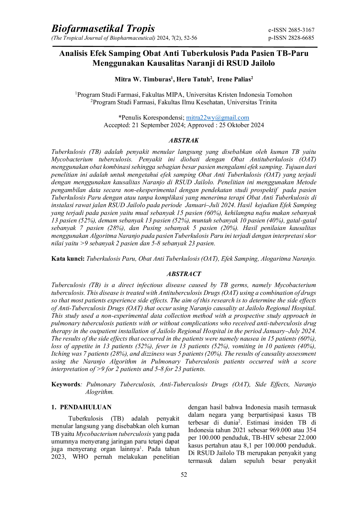 JURIS Analisis Efek Samping Obat Anti Tuberkulosis Pada Pasien TB Paru Menggunakan Kausalitas Naranji di RSUD Jailolo