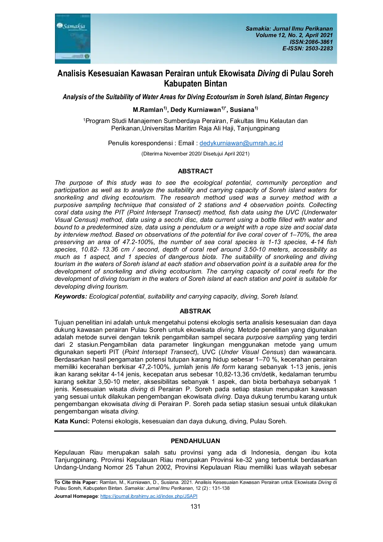 JURIS Analisis Kesesuaian Kawasan Perairan untuk Ekowisata Diving di Pulau Soreh Kabupaten Bintan