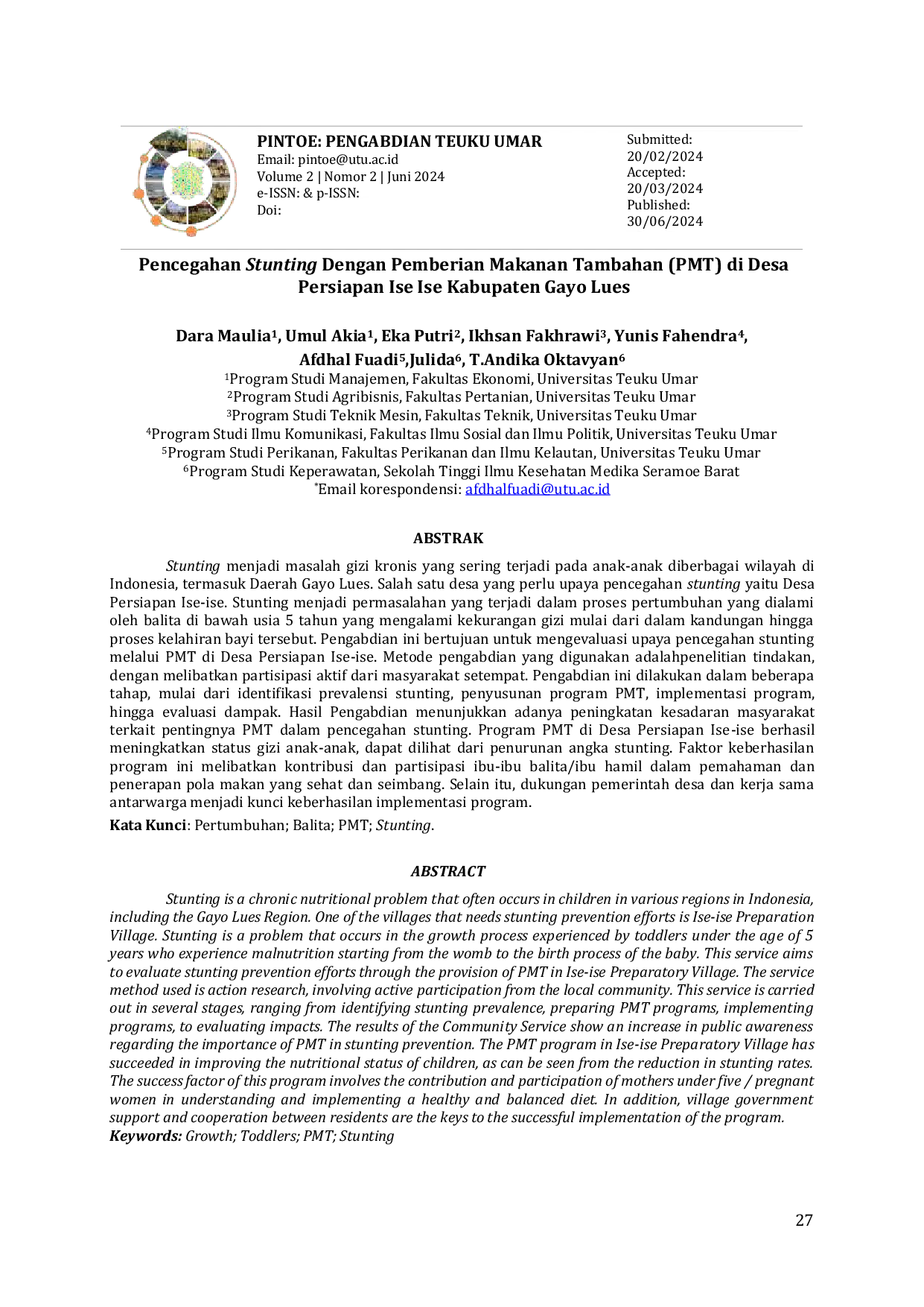 JURIS Pencegahan Stunting Dengan Pemberian Makanan Tambahan PMT Di Desa Persiapan Ise Ise Kabupaten Gayo Lues