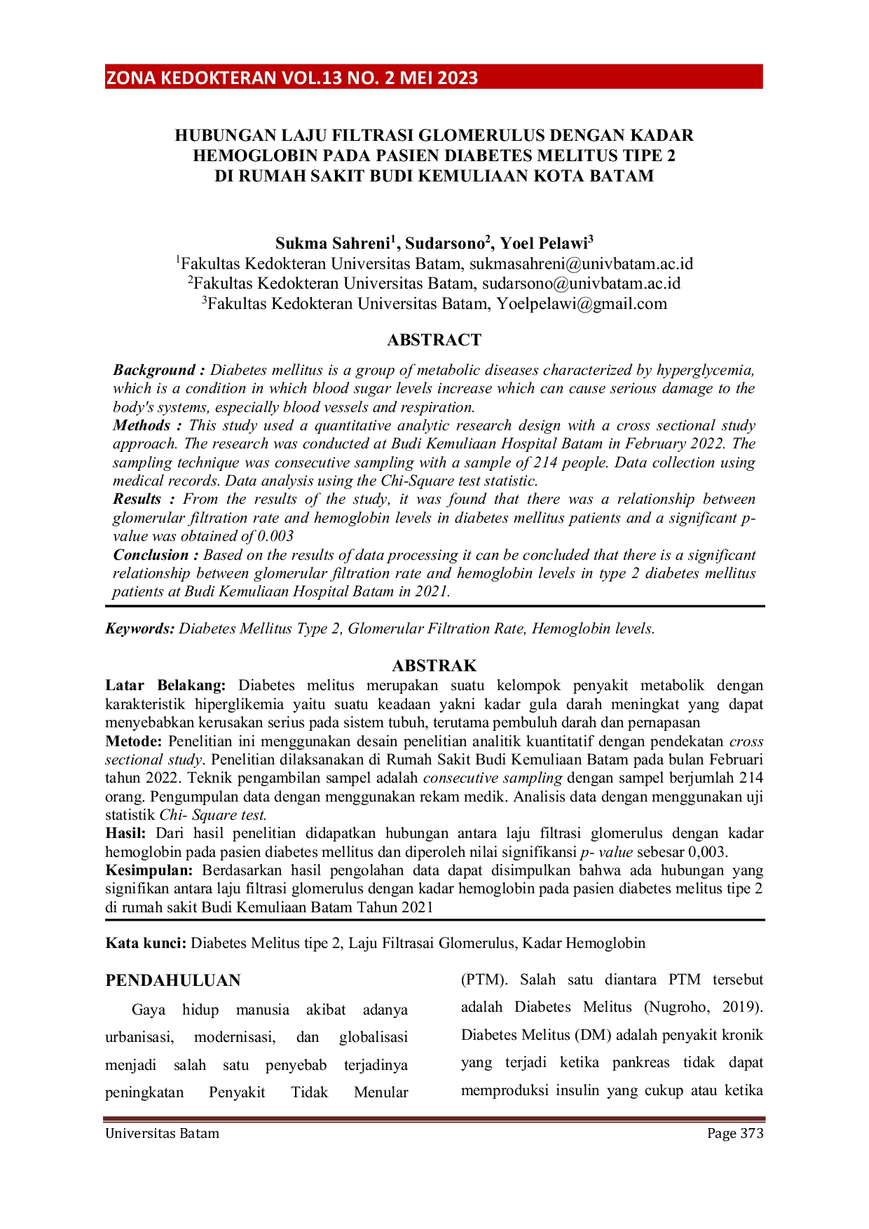 JURIS Hubungan Laju Filtrasi Glomerulus dengan Kadar Hemoglobin pada Pasien Diabetes Melitus Tipe 2 di Rumah Sakit Budi Kemuliaan Kota Batam