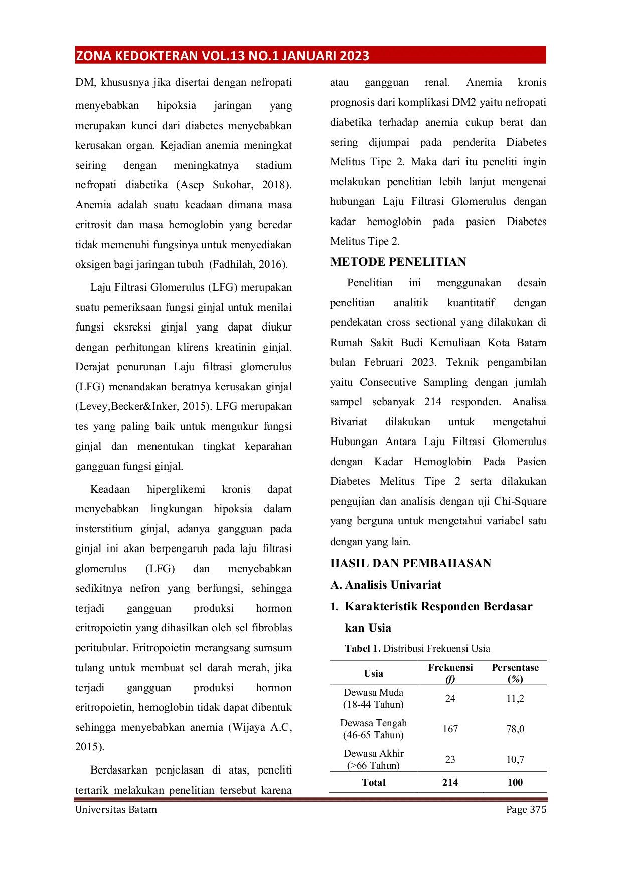 JURIS Hubungan Laju Filtrasi Glomerulus dengan Kadar Hemoglobin pada Pasien Diabetes Melitus Tipe 2 di Rumah Sakit Budi Kemuliaan Kota Batam