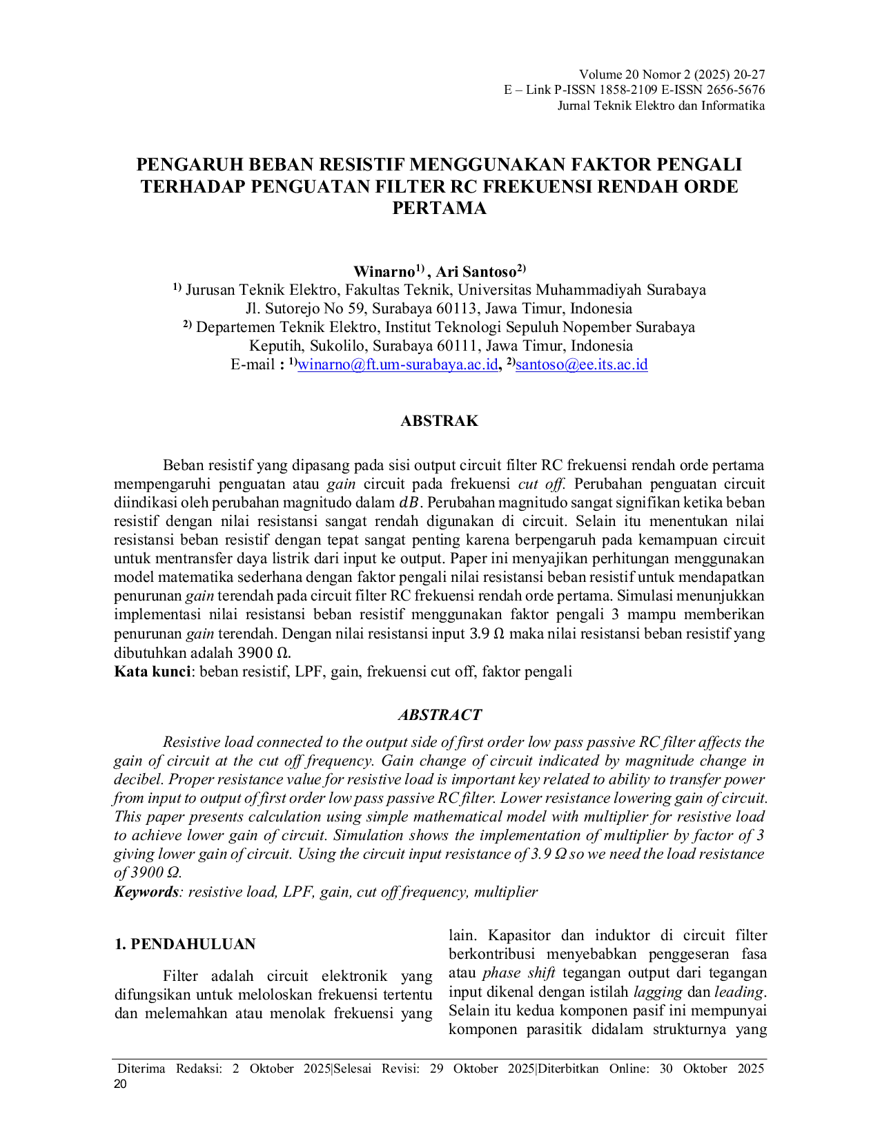 JURIS Pengaruh Beban Resistif Menggunakan Faktor Pengali Terhadap Penguatan Filter Rc Frekuensi Rendah Orde Pertama