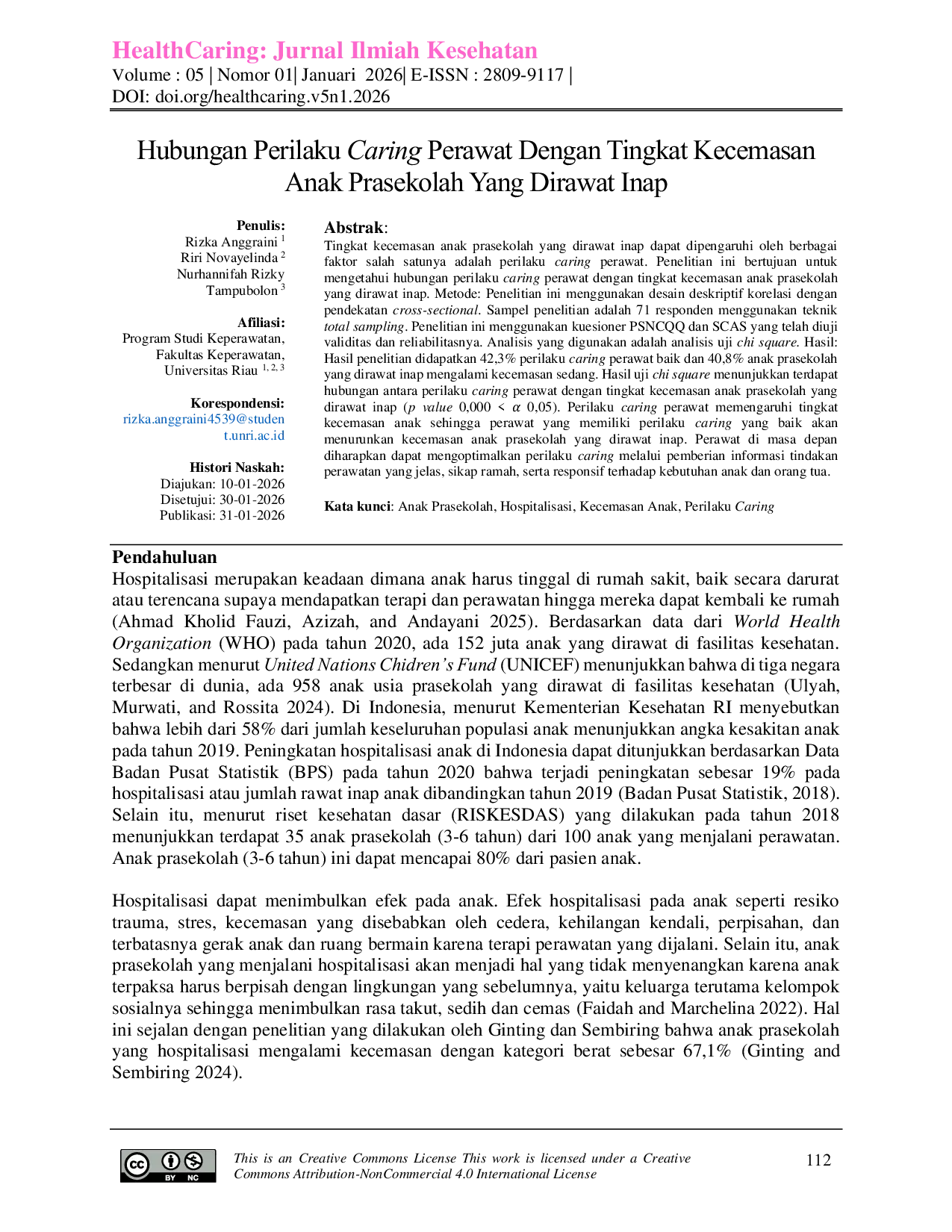 JURIS Hubungan Perilaku Caring Perawat Dengan Tingkat Kecemasan Anak Prasekolah Yang Dirawat Inap