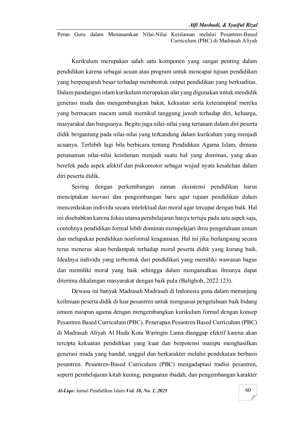 JURIS Peran guru dalam menanamkan nilai nilai keislaman melalui pesantren based curriculum PBC di madrasah aliyah