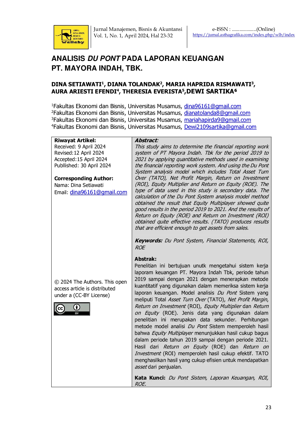 JURIS Analisis Du Pont Pada Laporan Keuangan PT Mayora Indah TBK