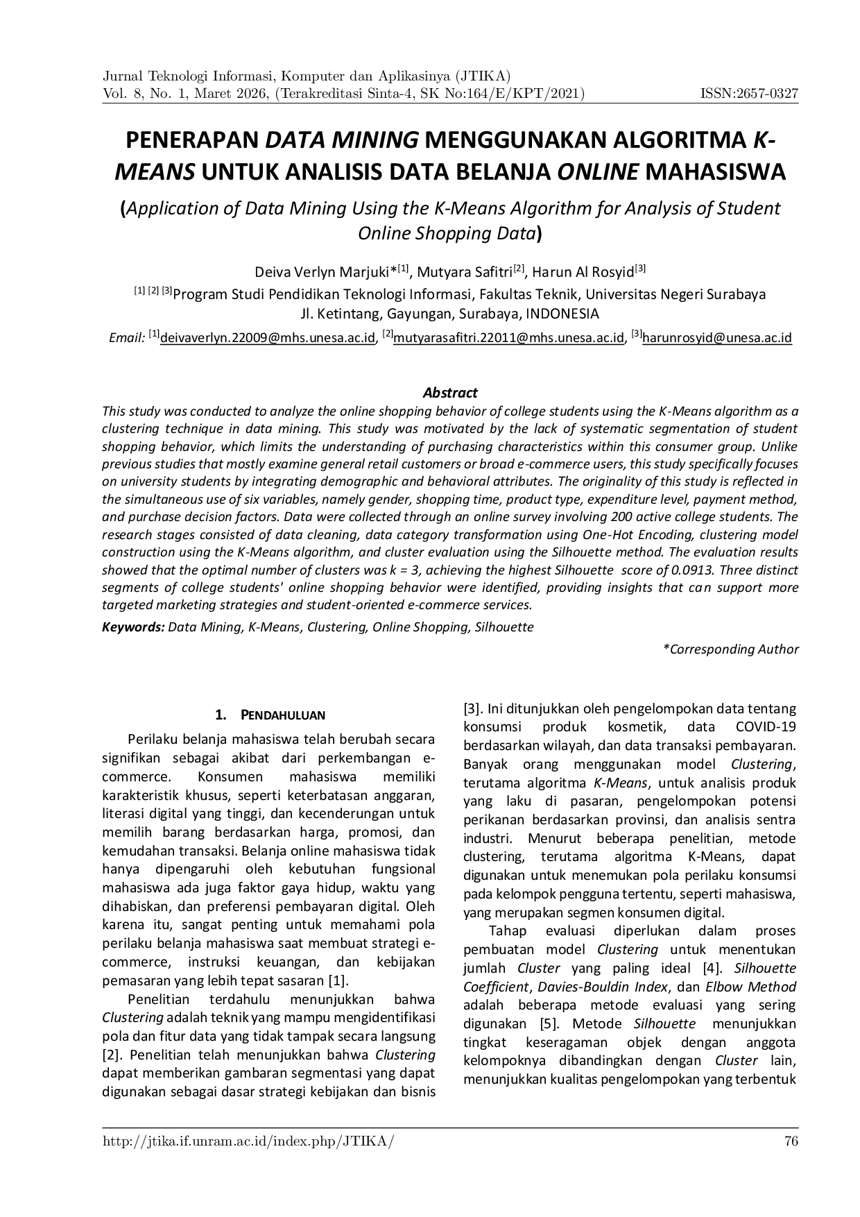 JURIS Penerapan Data Mining Menggunakan Algoritma K Means Untuk Analisis Data Belanja Online Mahasiswa
