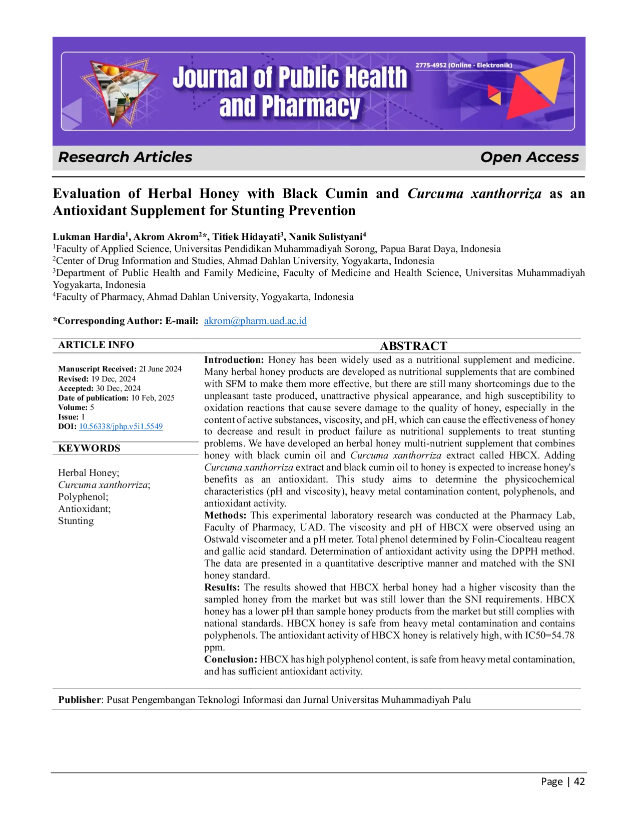 JURIS Evaluation Of Herbal Honey With Black Cumin And Curcuma Xanthorriza As An Antioxidant Supplement For Stunting Prevention