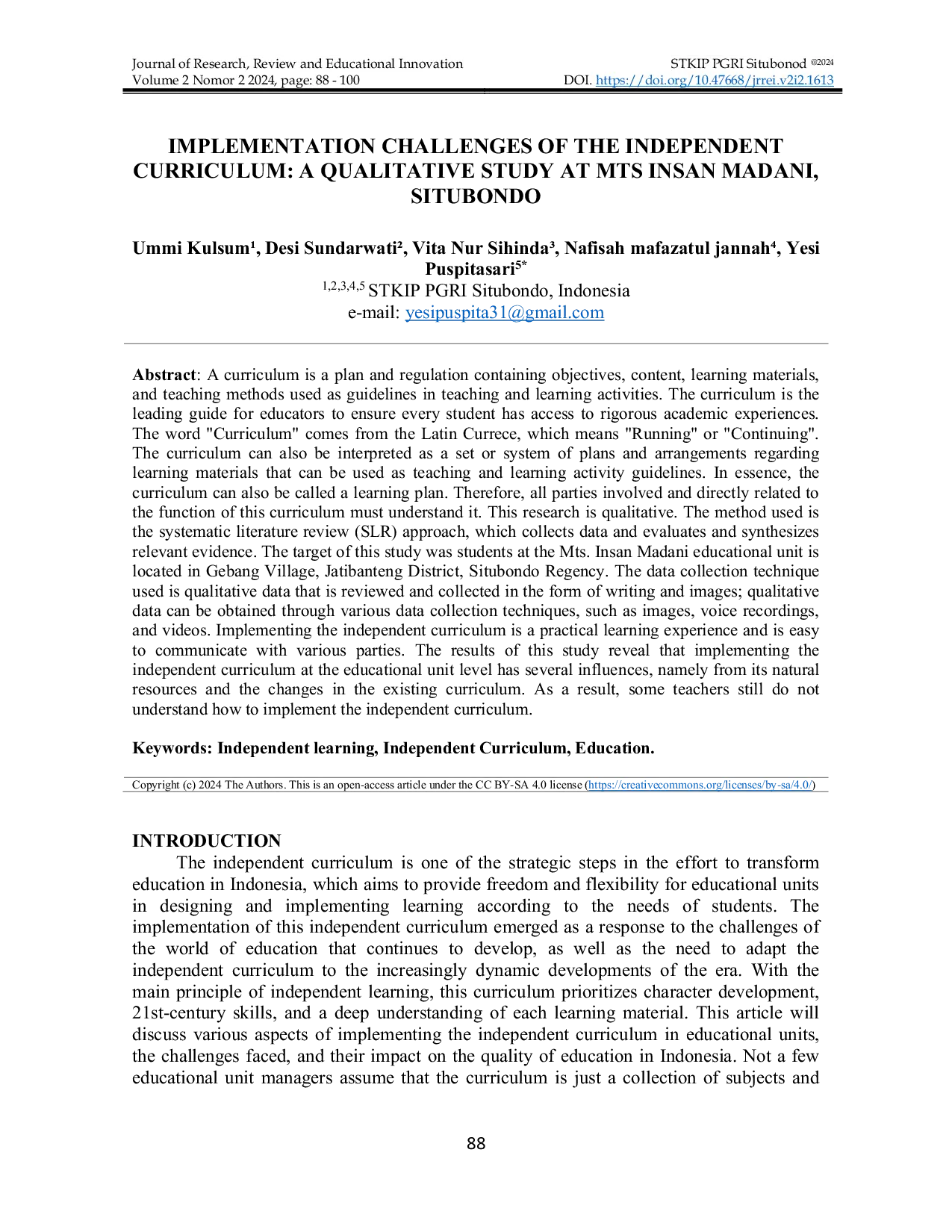 JURIS IMPLEMENTATION CHALLENGES OF THE INDEPENDENT CURRICULUM A QUALITATIVE STUDY AT MTS INSAN MADANI SITUBONDO