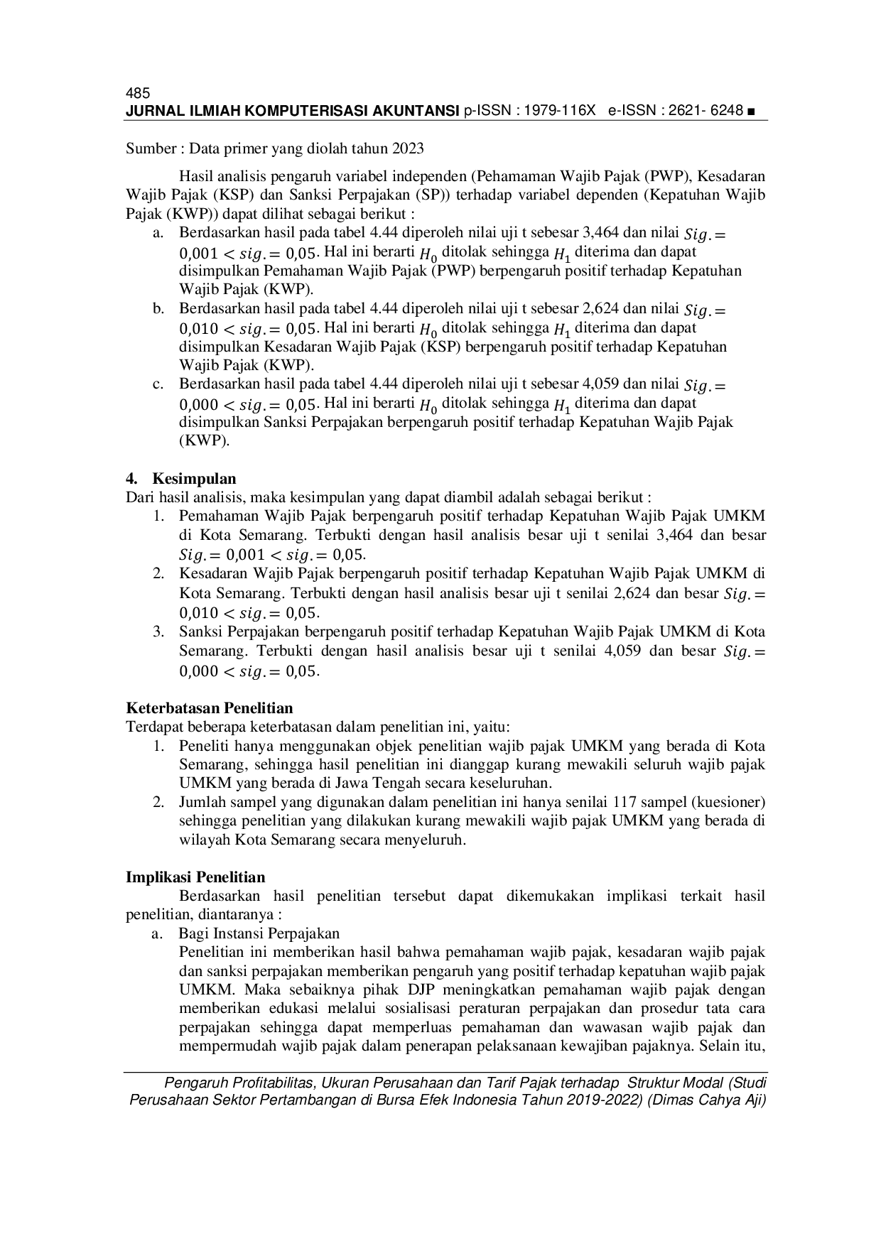 JURIS Pengaruh Pemahaman Wajib Pajak Kesadaran Wajib Pajak dan Sanksi Perpajakan terhadap Kepatuhan Wajib Pajak UMKM di Kota Semarang