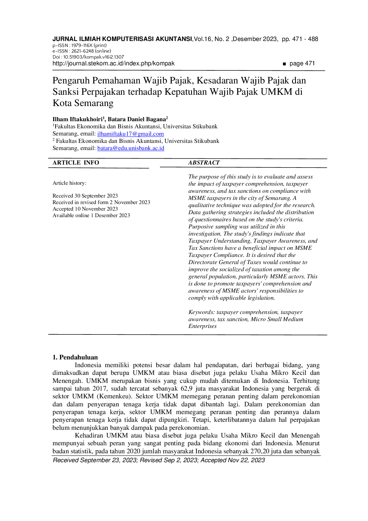 JURIS Pengaruh Pemahaman Wajib Pajak Kesadaran Wajib Pajak dan Sanksi Perpajakan terhadap Kepatuhan Wajib Pajak UMKM di Kota Semarang