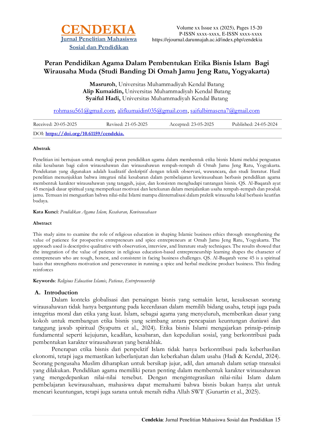 JURIS Peran Pendidikan Agama Dalam Pembentukan Etika Bisnis Islam Bagi Wirausaha Muda Studi Banding Di Omah Jamu Jeng Ratu Yogyakarta