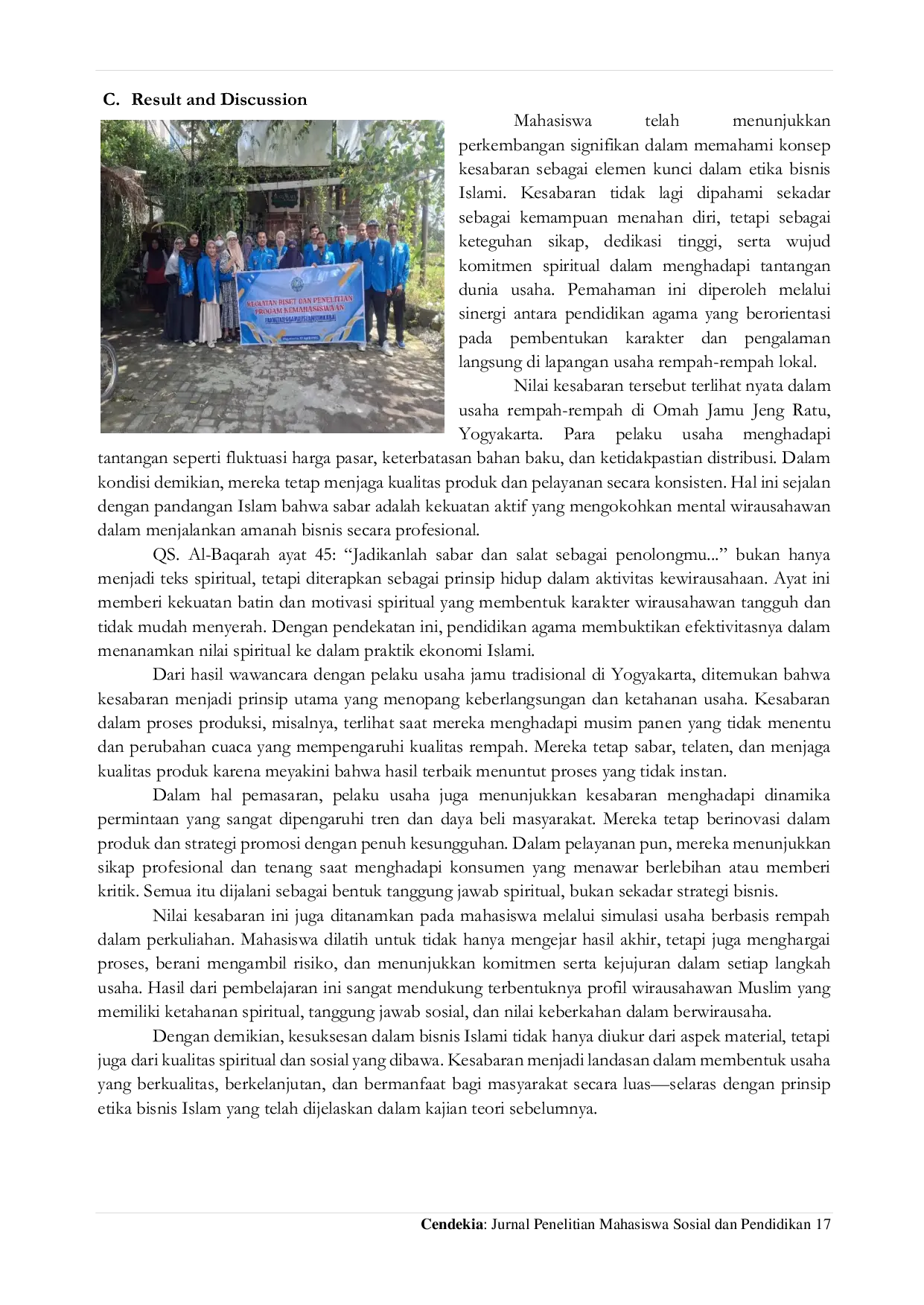 JURIS Peran Pendidikan Agama Dalam Pembentukan Etika Bisnis Islam Bagi Wirausaha Muda Studi Banding Di Omah Jamu Jeng Ratu Yogyakarta