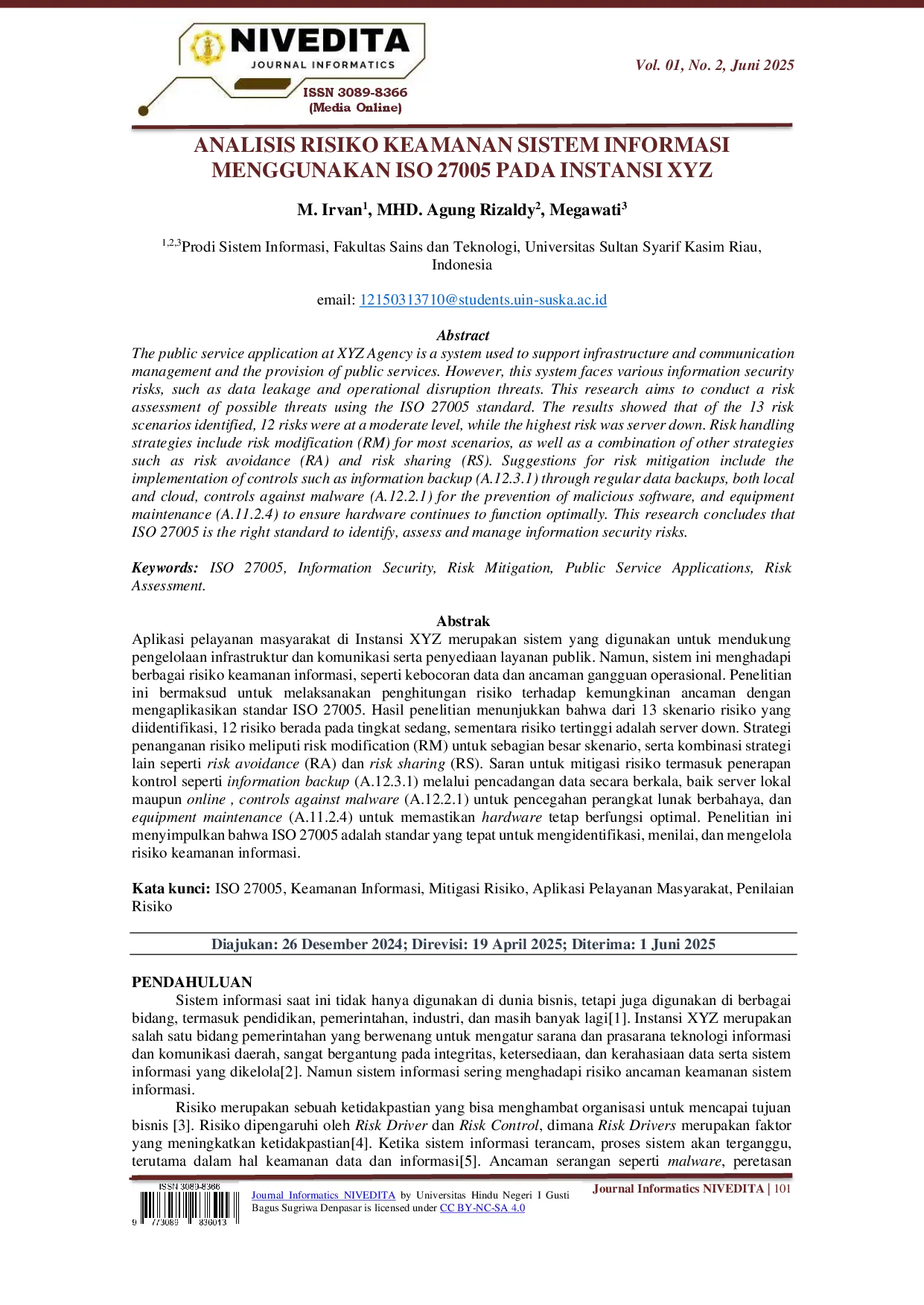 juris Analisis Risiko Keamanan Sistem Informasi Menggunakan ISO 27005 pada Instansi XYZ