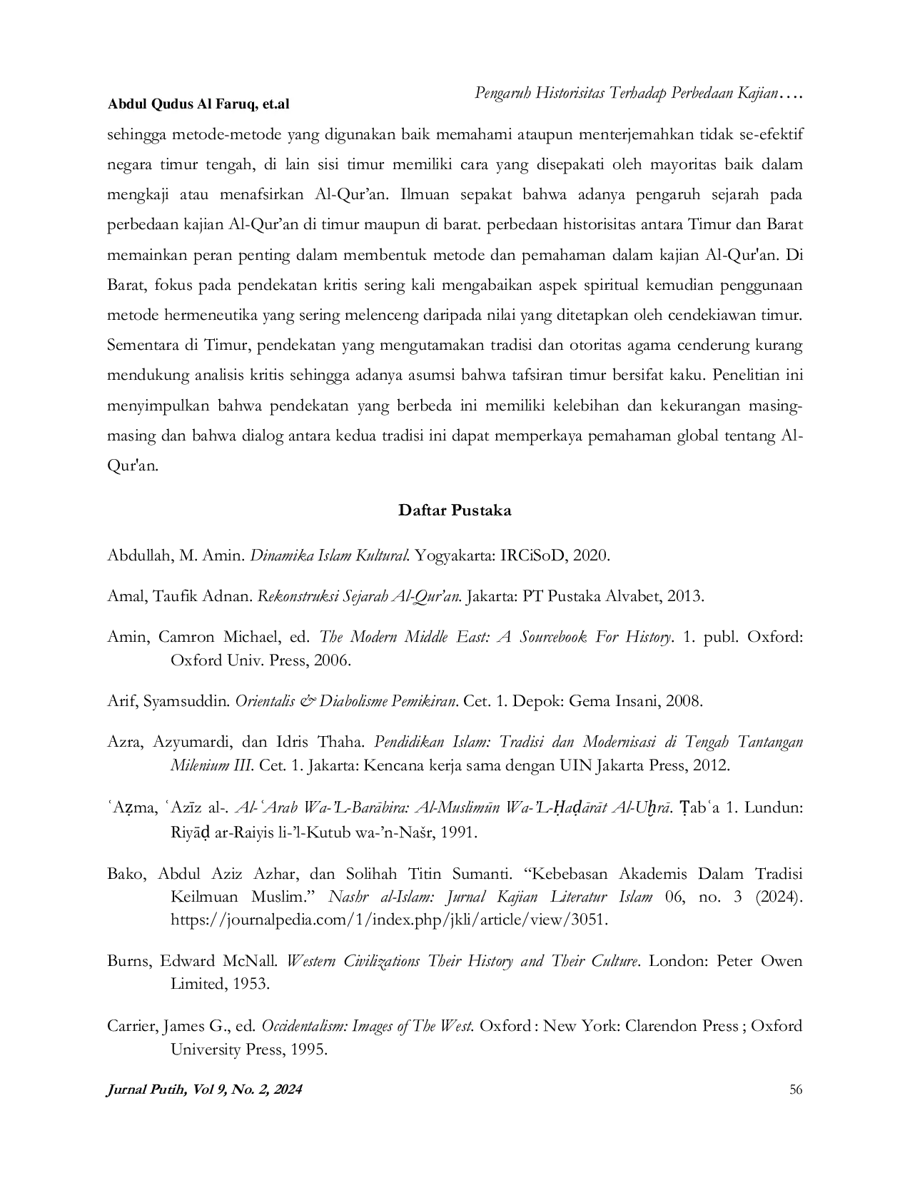 JURIS Pengaruh Historisitas Terhadap Perbedaan Kajian Al Qur an Barat dan Timur Studi Analisis Historis