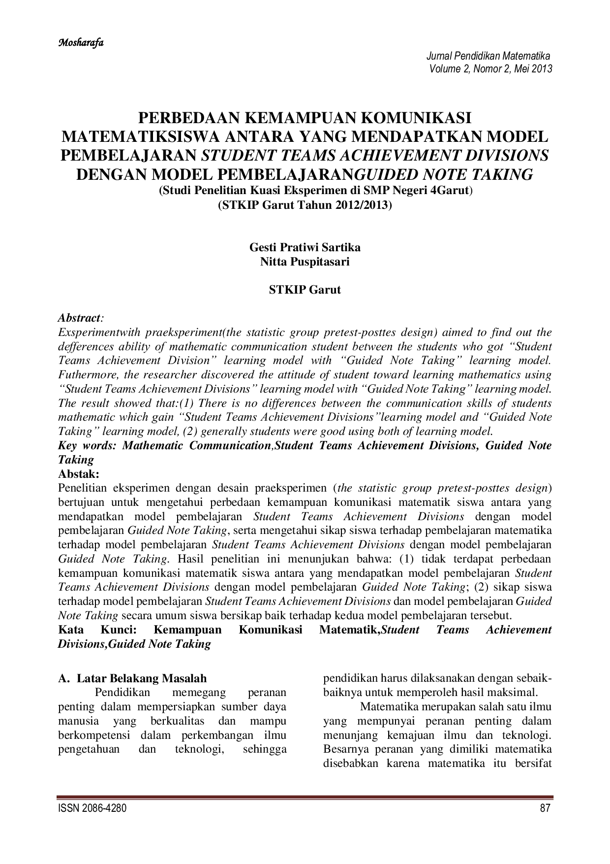 JURIS Perbedaan Kemampuan Komunikasi Matematik Siswa Antara Yang Mendapatkan Model Pembelajaran Student Teams Achievement Divisions Dengan Model Pembelajaranguided Note Taking Studi Penelitian Kuasi Eksper