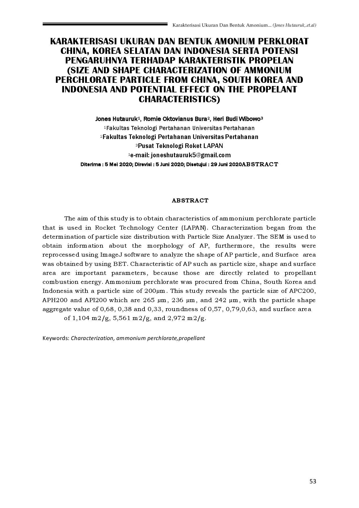 juris Karakterisasi Ukuran Dan Bentuk Amonium Perklorat China Korea Selatan Dan Indonesia Serta Potensi Pengaruhnya Terhadap Karakteristik Propelan