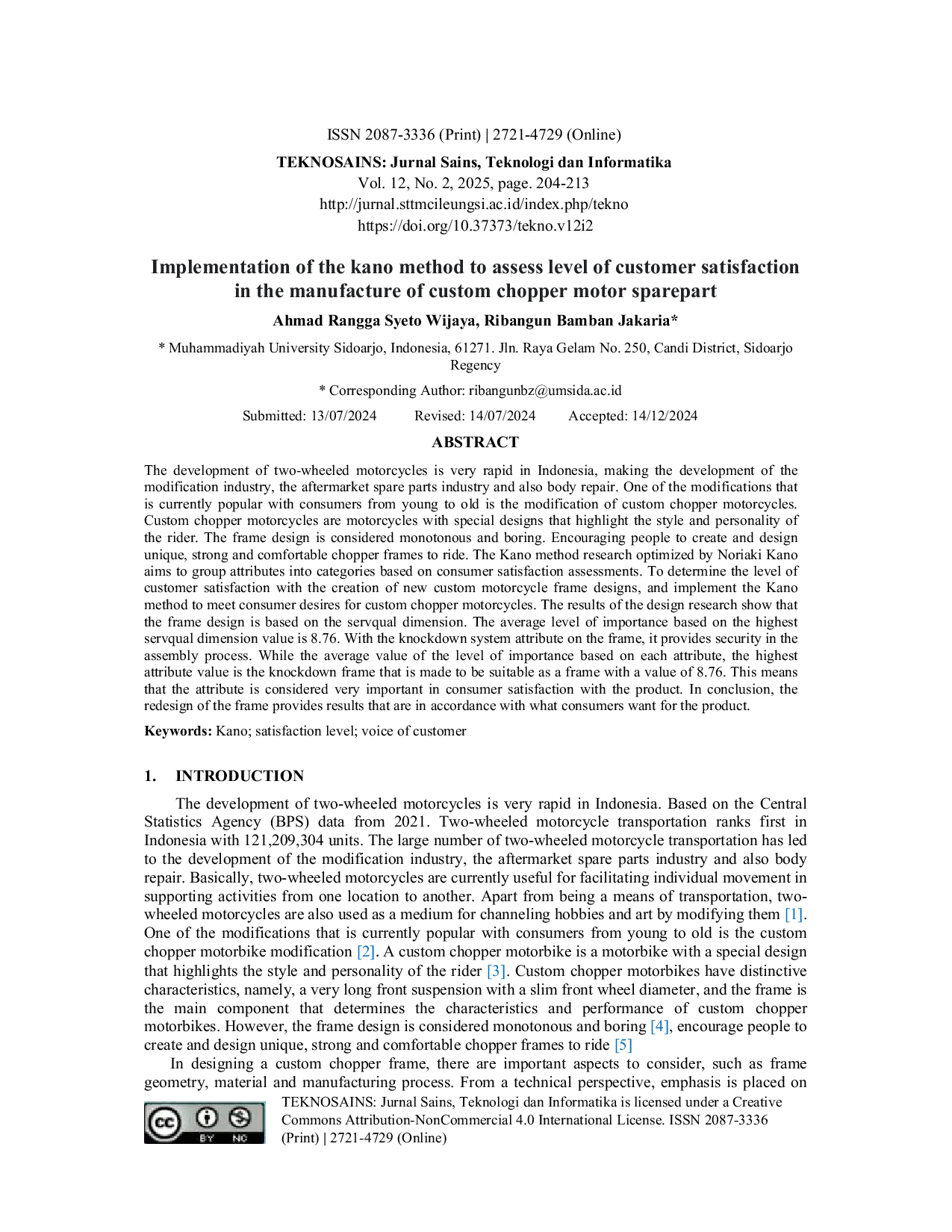 JURIS Implementation of the kano method to assess level of customer satisfaction in the manufacture of custom chopper motor sparepart