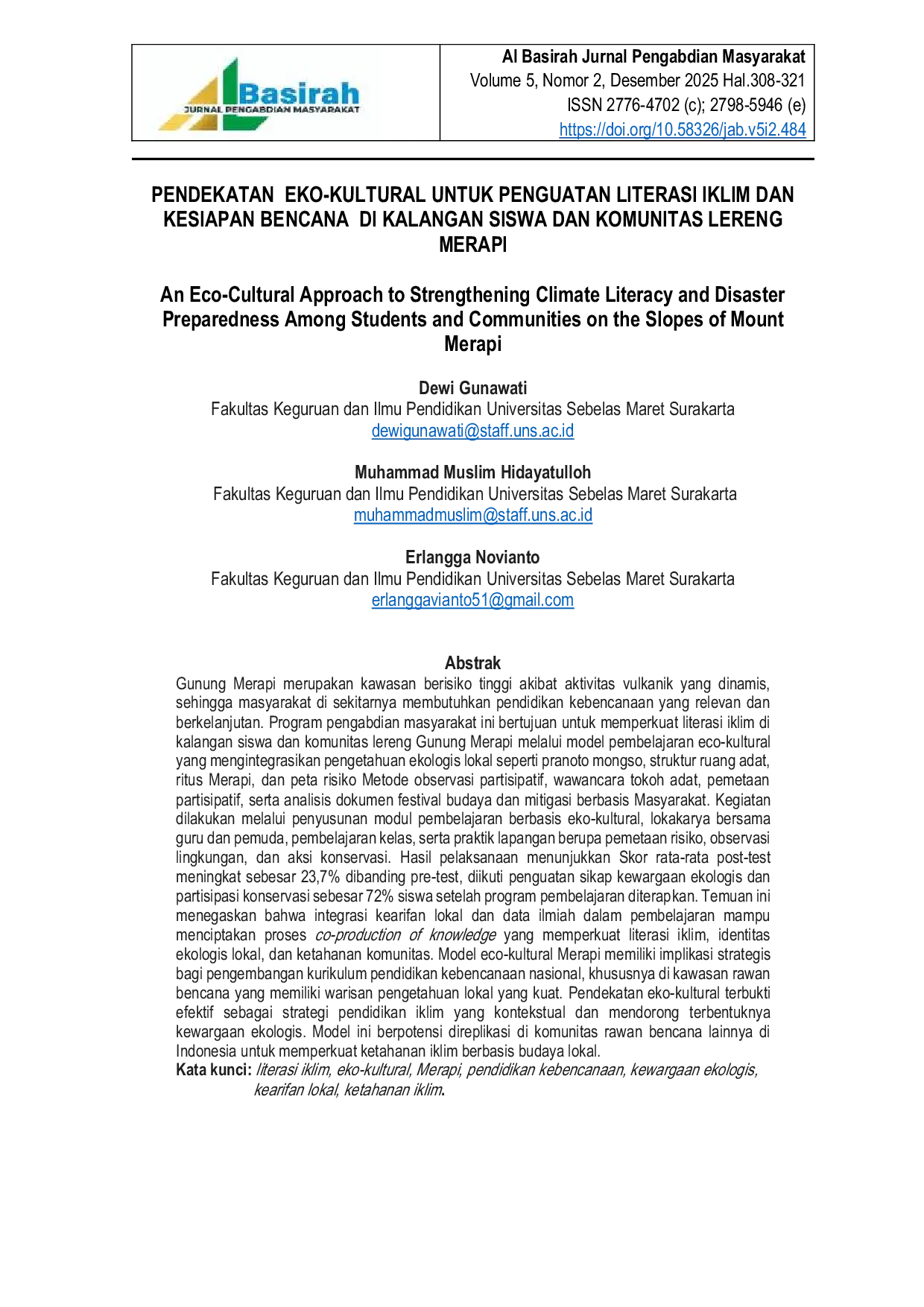 JURIS Pendekatan Eko Kultural untuk Penguatan Literasi Iklim dan Kesiapan b Bencana di Kalangan Siswa dan Komunitas Lereng Merapi