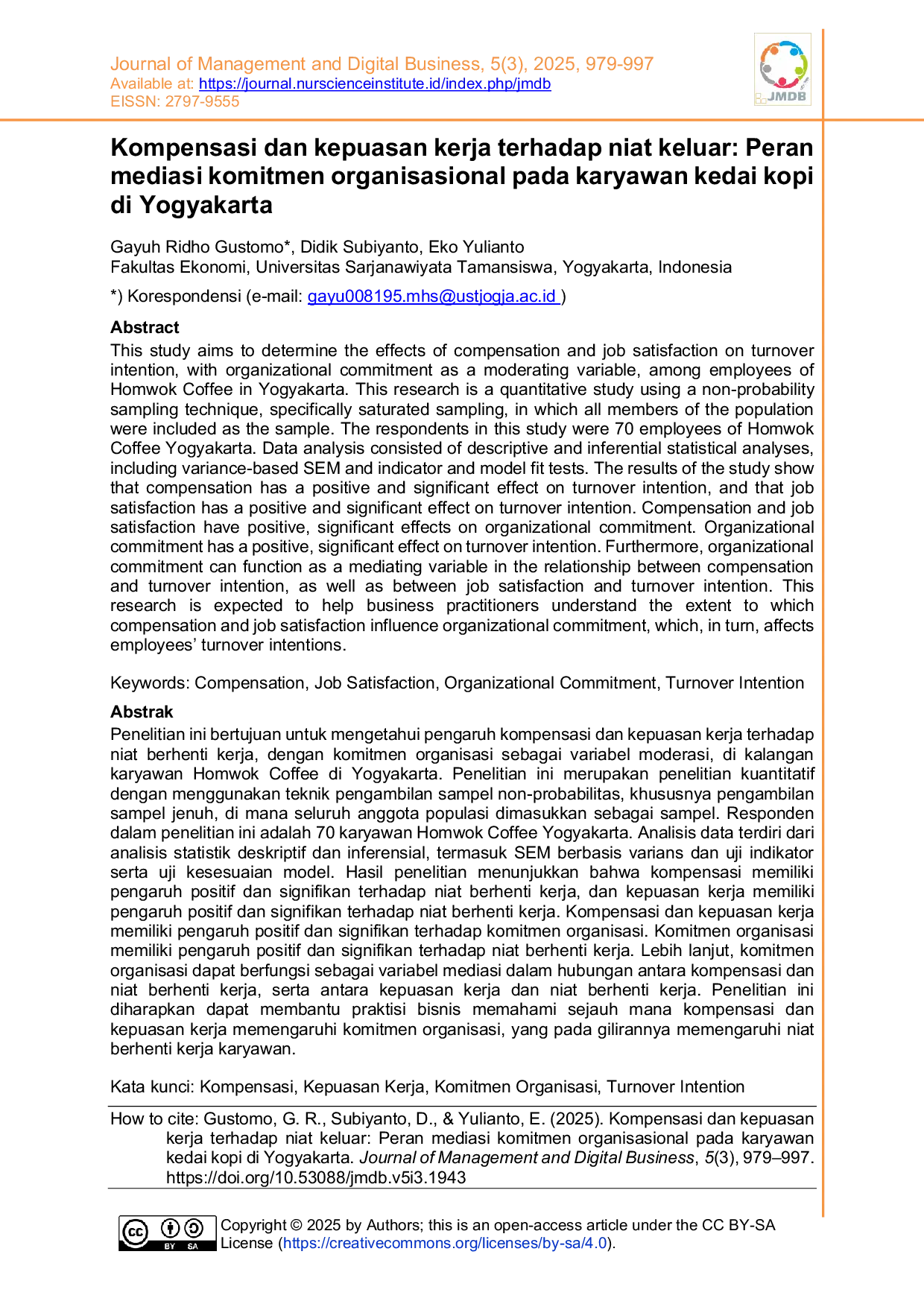 JURIS Kompensasi dan kepuasan kerja terhadap niat keluar Peran mediasi komitmen organisasional pada karyawan kedai kopi di Yogyakarta