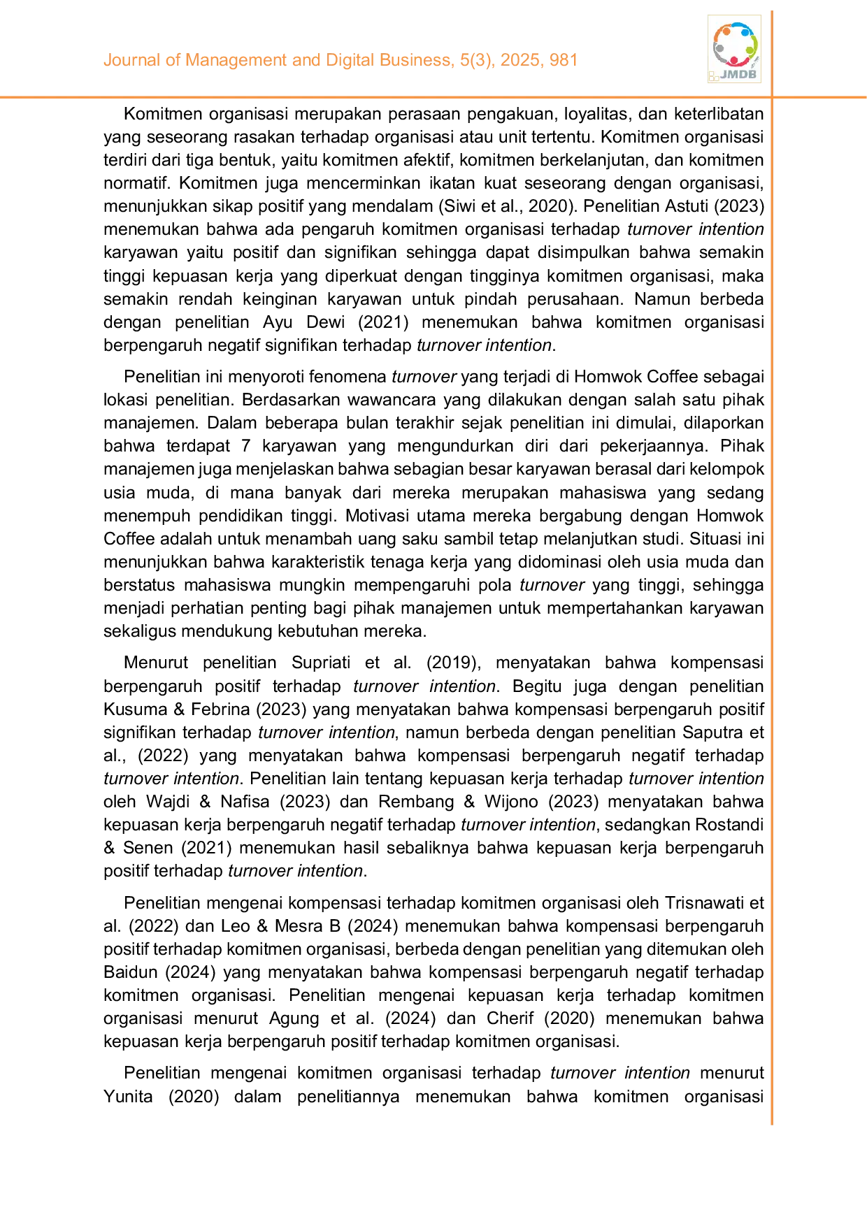 JURIS Kompensasi dan kepuasan kerja terhadap niat keluar Peran mediasi komitmen organisasional pada karyawan kedai kopi di Yogyakarta