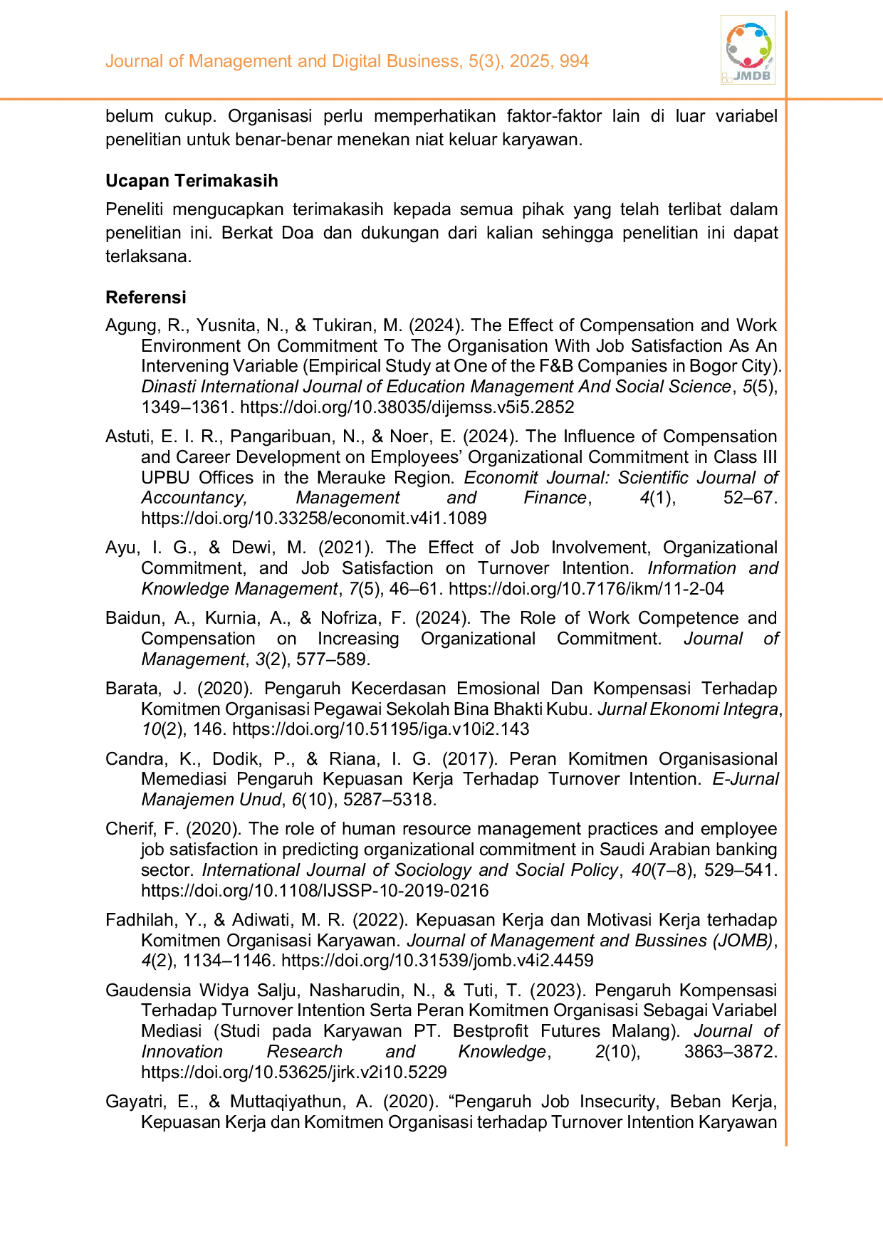 JURIS Kompensasi dan kepuasan kerja terhadap niat keluar Peran mediasi komitmen organisasional pada karyawan kedai kopi di Yogyakarta