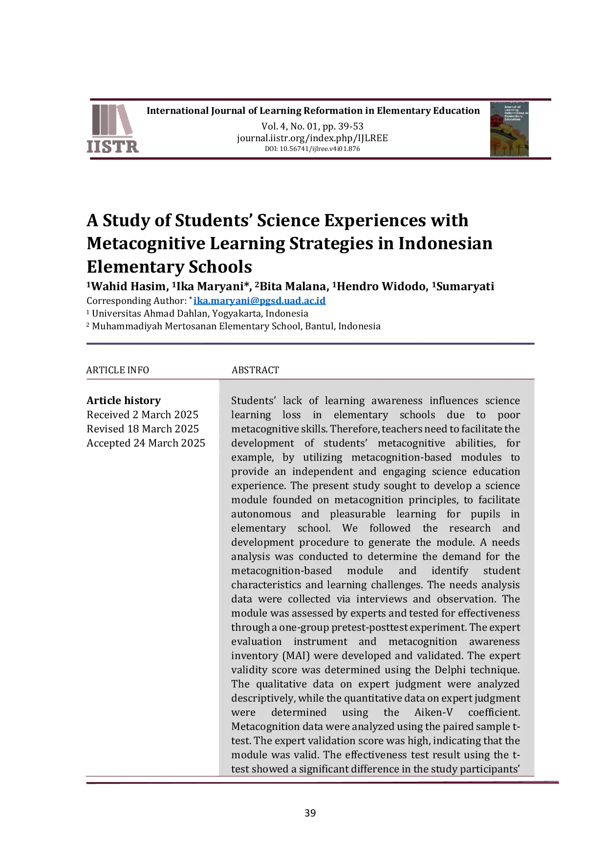 JURIS A Study of Students Science Experiences with Metacognitive Learning Strategies in Indonesian Elementary Schools