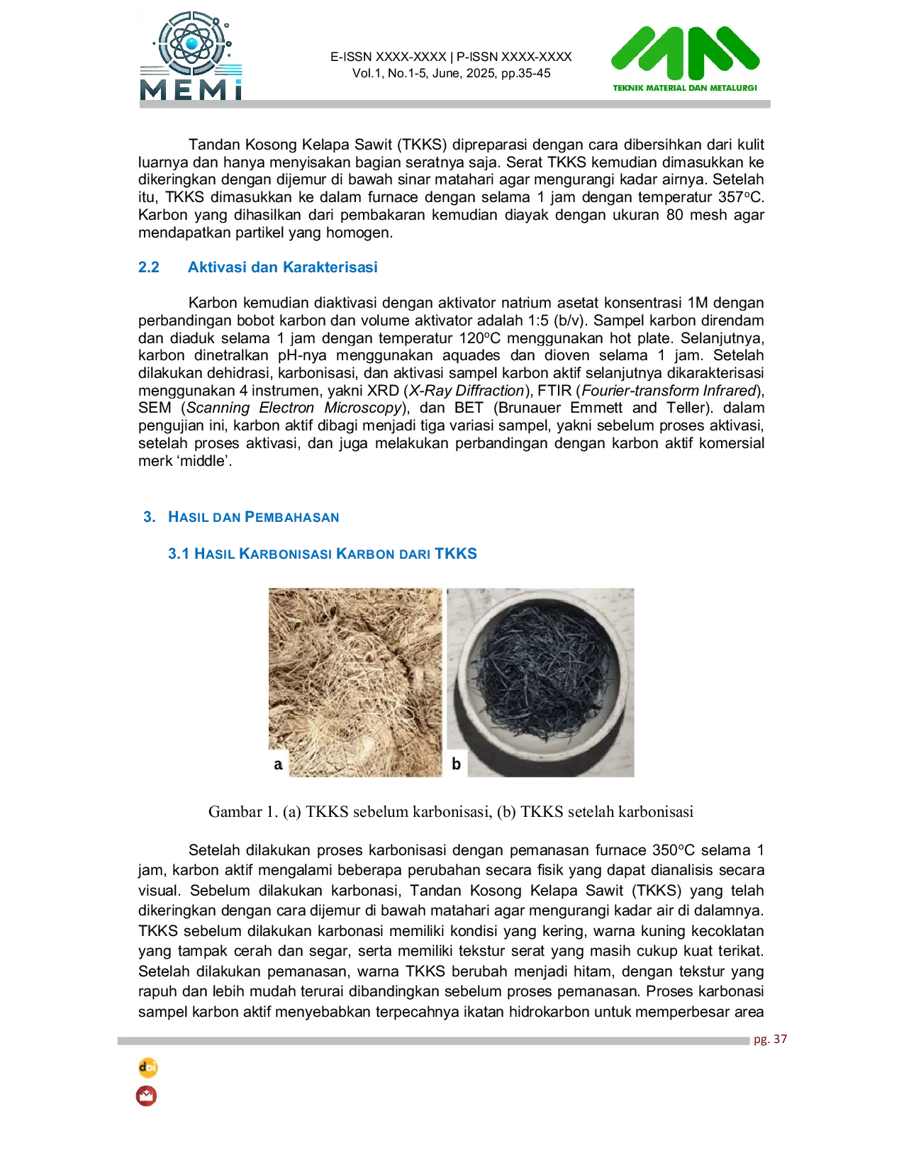 JURIS Pengaruh Penggunaan Aktivator Natrium Asetat 1M Terhadap Hasil Karakterisasi Karbon Aktif Dari TKKS