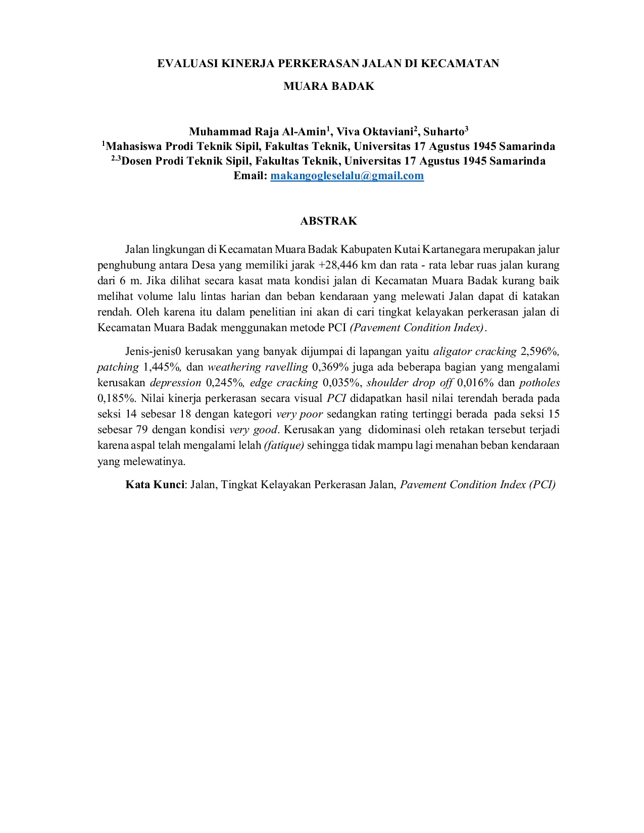 JURIS Evaluasi Kinerja Perkerasan Jalan Di Kecamatan Muara Badak