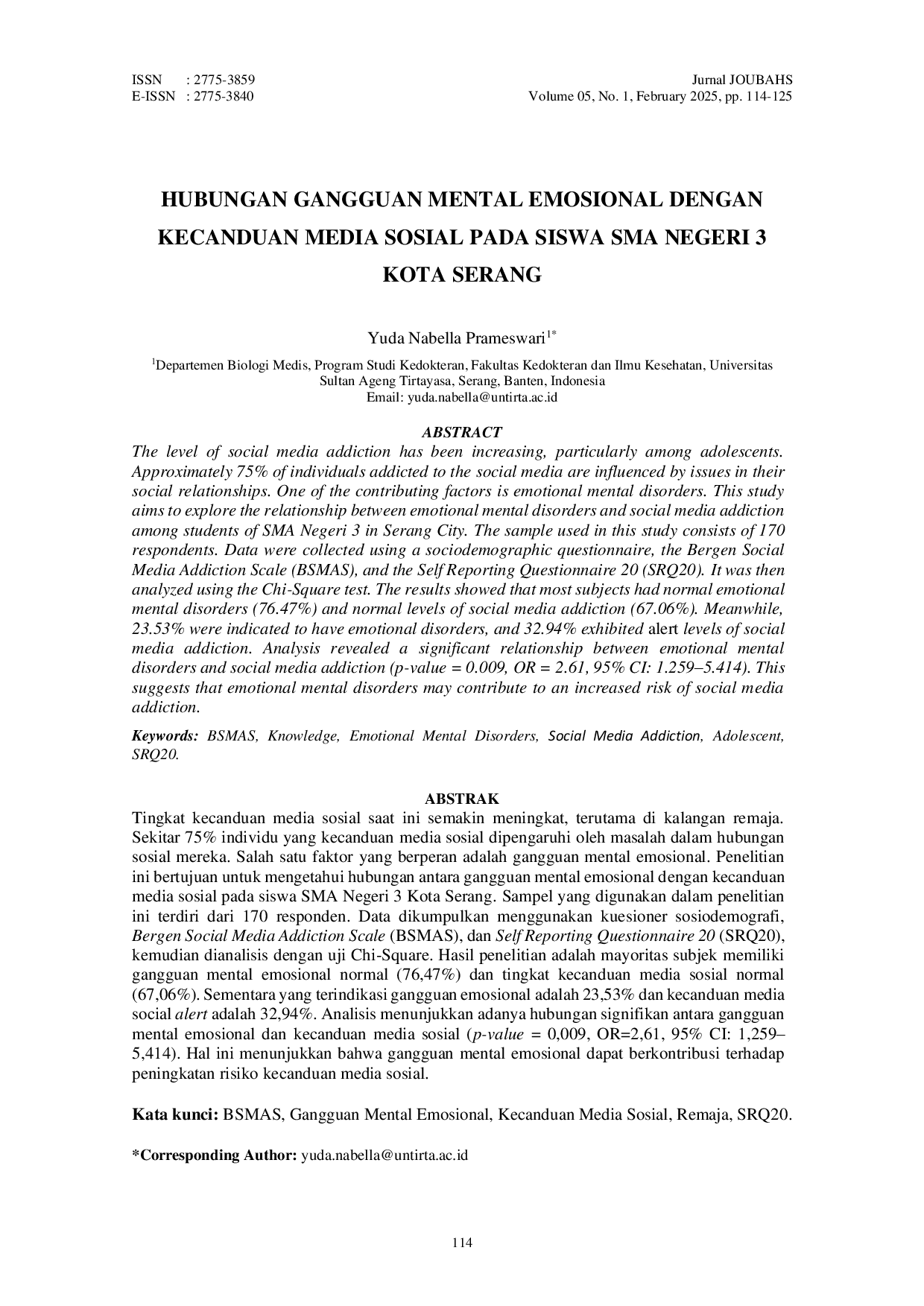 JURIS Hubungan Gangguan Mental Emosional dengan Kecanduan Media Sosial pada Siswa SMA Negeri 3 Kota Serang