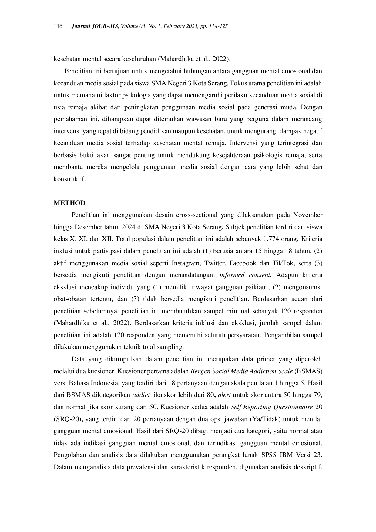 JURIS Hubungan Gangguan Mental Emosional dengan Kecanduan Media Sosial pada Siswa SMA Negeri 3 Kota Serang