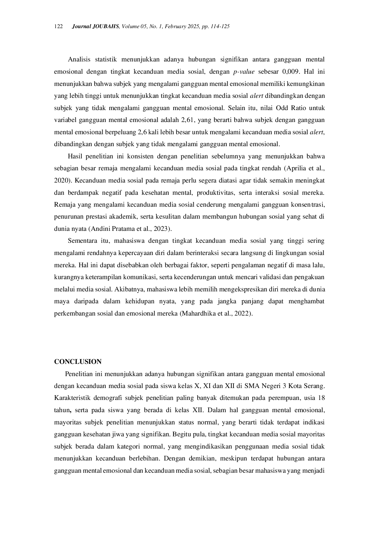 JURIS Hubungan Gangguan Mental Emosional dengan Kecanduan Media Sosial pada Siswa SMA Negeri 3 Kota Serang