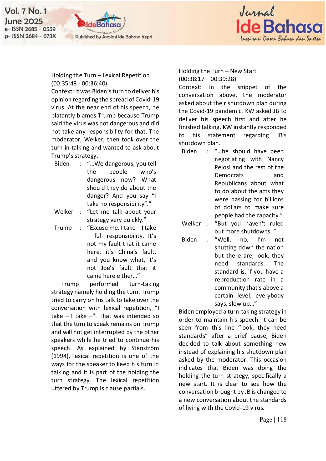 JURIS Turn Taking Strategies in the Second America s Presidential Debate 2020 Discourse Analysis