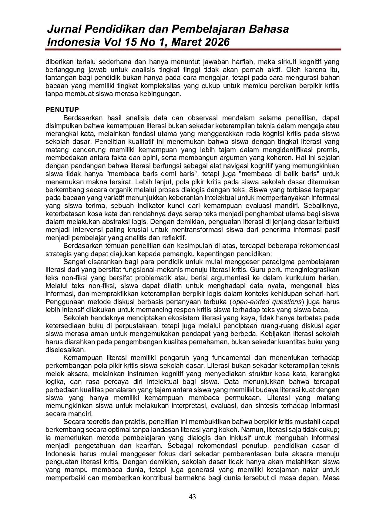 JURIS Pengaruh Kemampuan Literasi Terhadap Perkembangan Pola Pikir Kritis Siswa Sekolah Dasar