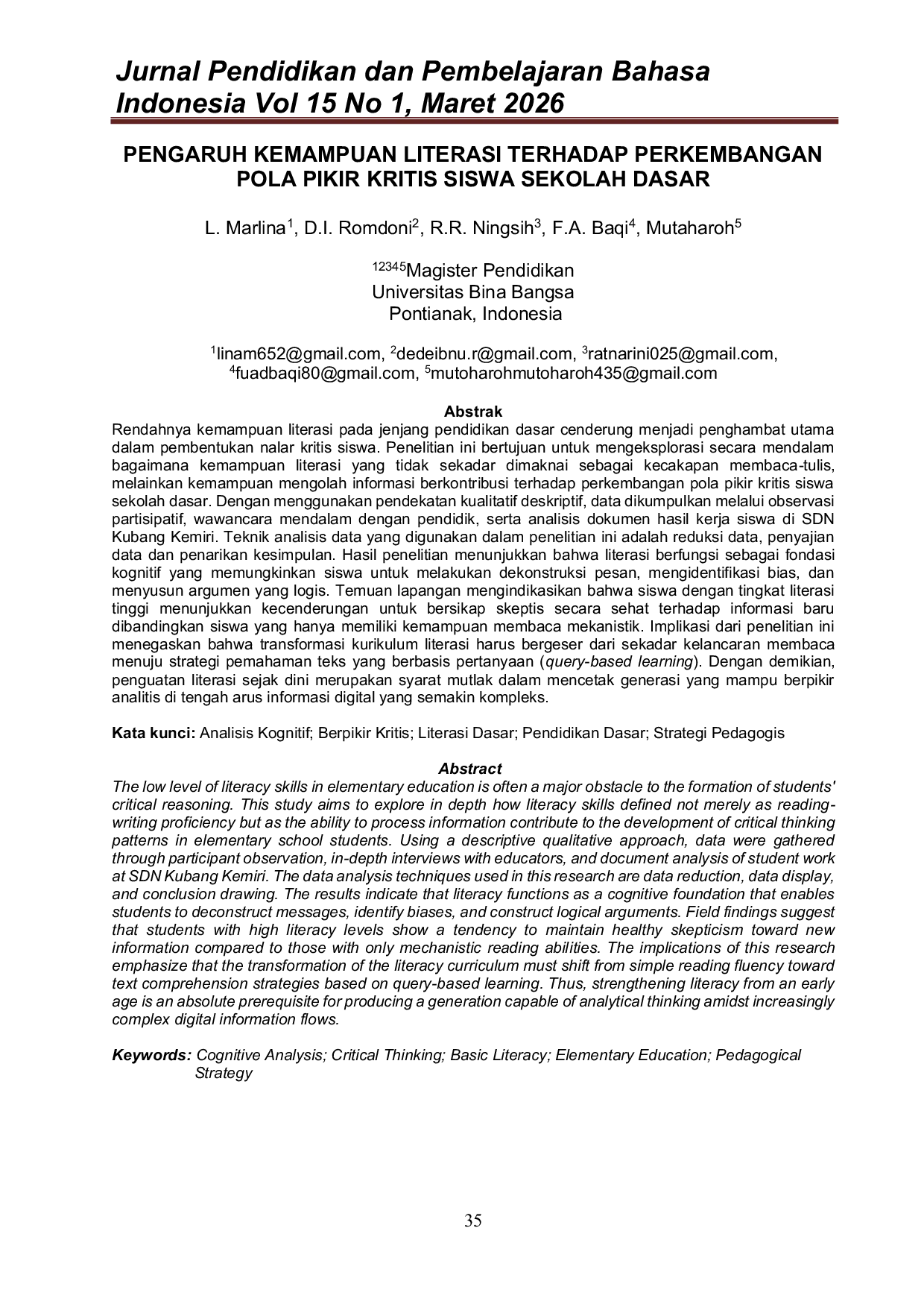 JURIS Pengaruh Kemampuan Literasi Terhadap Perkembangan Pola Pikir Kritis Siswa Sekolah Dasar