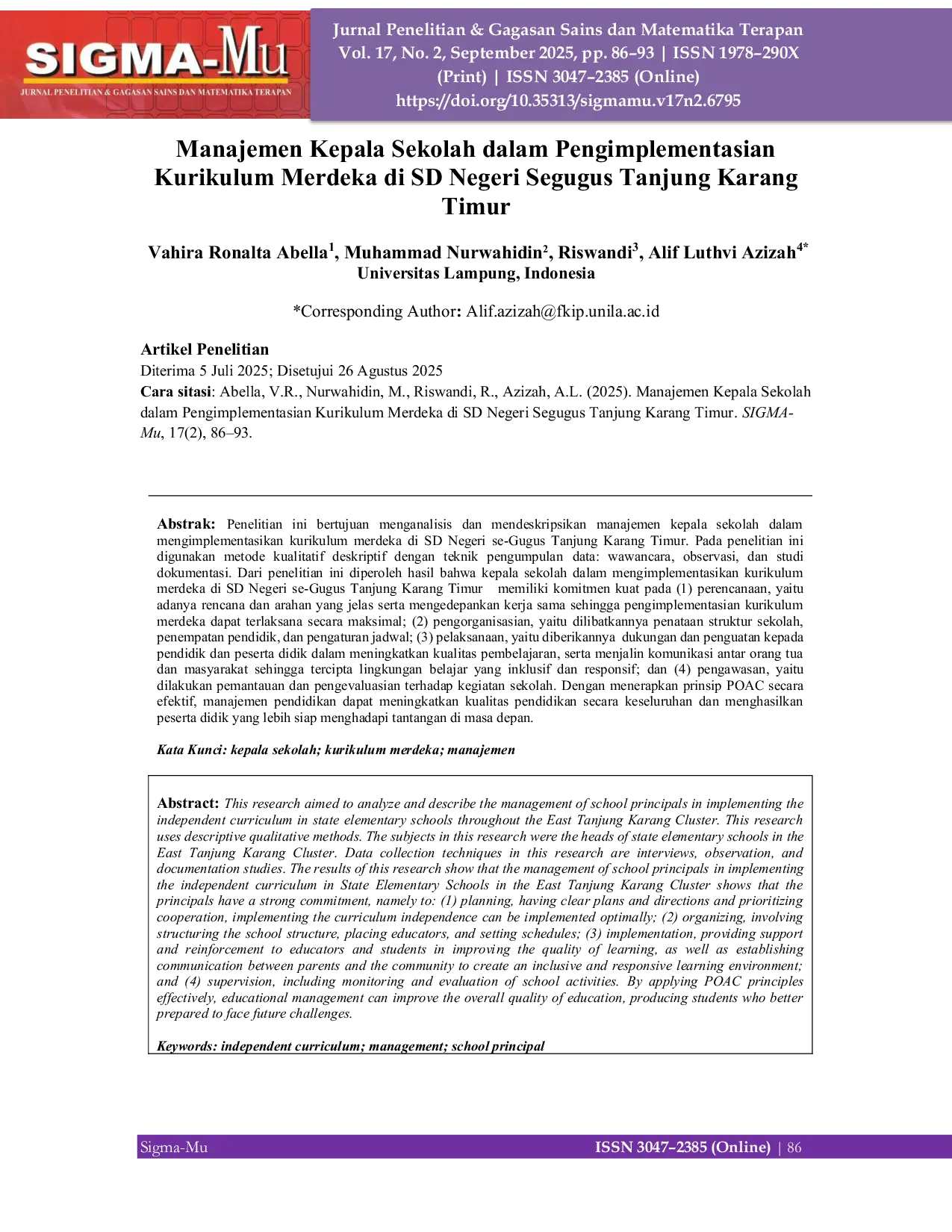 JURIS Manajemen Kepala Sekolah dalam Pengimplementasian Kurikulum Merdeka di SD Negeri Segugus Tanjung Karang Timur