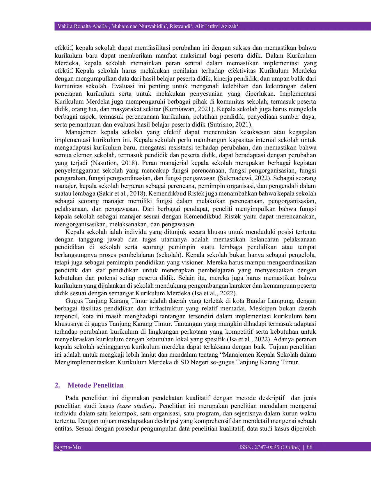 JURIS Manajemen Kepala Sekolah dalam Pengimplementasian Kurikulum Merdeka di SD Negeri Segugus Tanjung Karang Timur