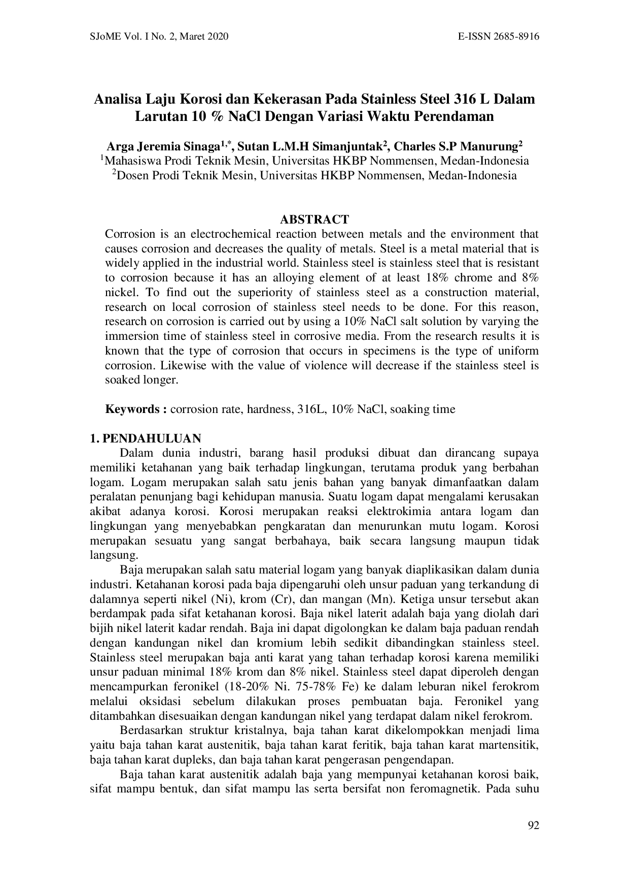 juris Analisa Laju Korosi dan Kekerasan Pada Stainless Steel 316 L Dalam Larutan 10 NaCl Dengan Variasi Waktu Perendaman