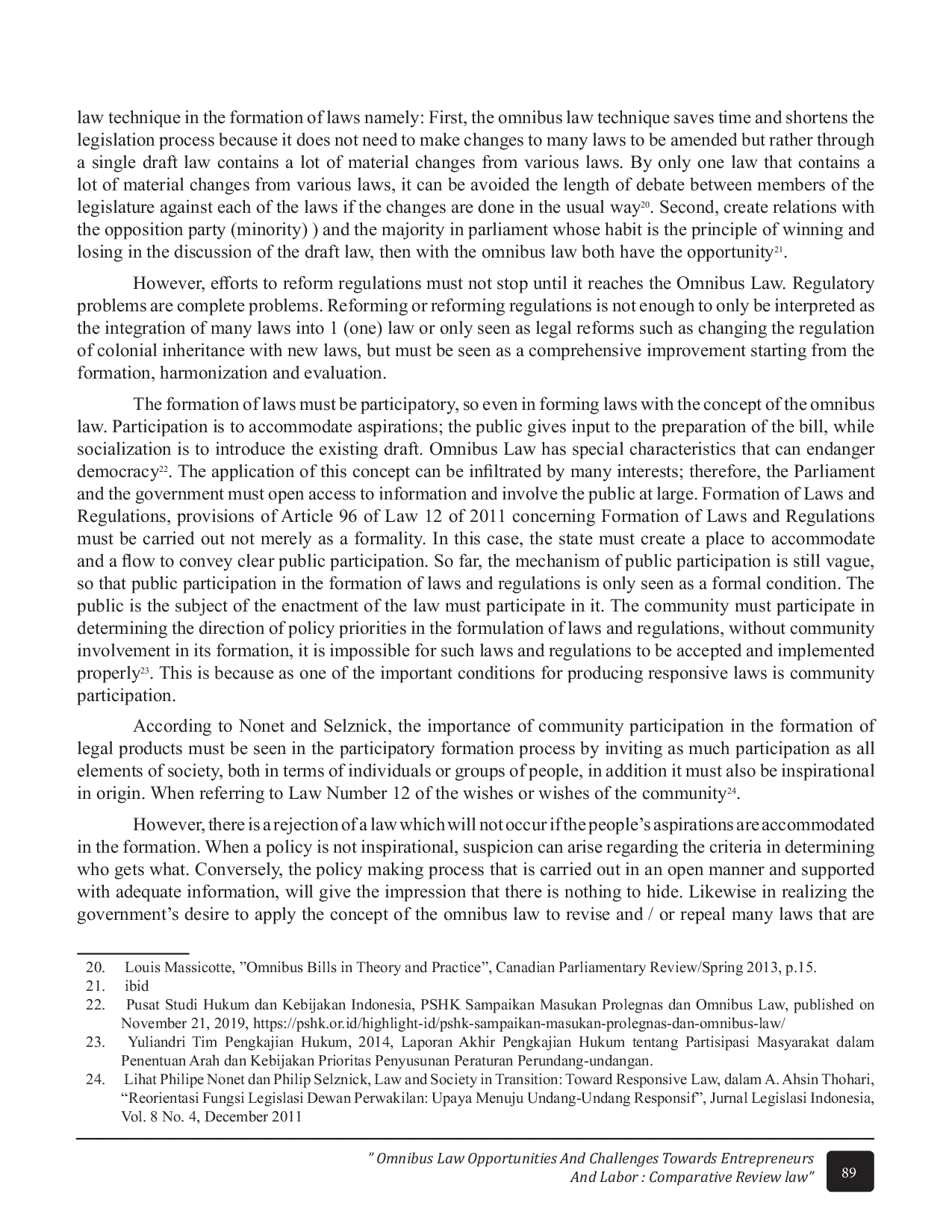 JURIS The Application of Omnibus Law in the Effect of Legal Reform in Indonesia