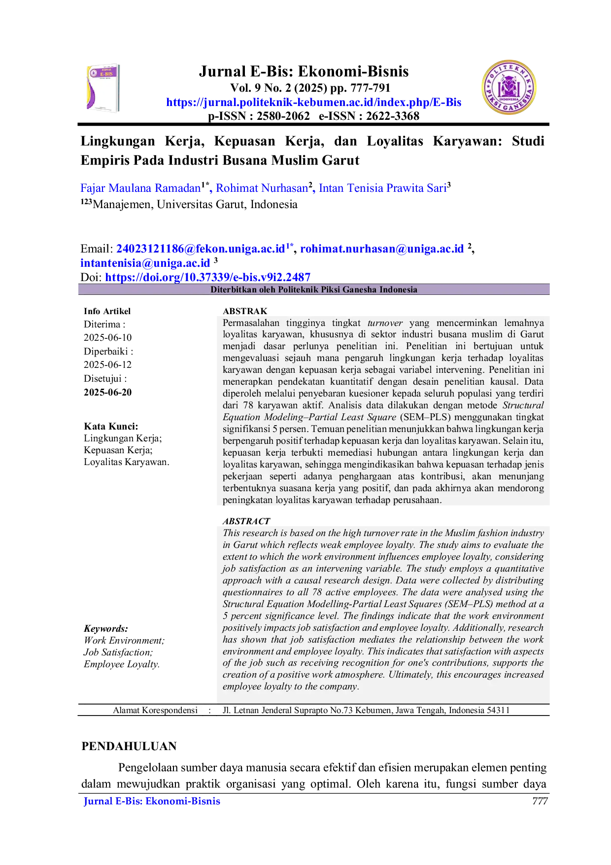 JURIS Lingkungan Kerja Kepuasan Kerja dan Loyalitas Karyawan Studi Empiris pada Industri Busana Muslim Garut