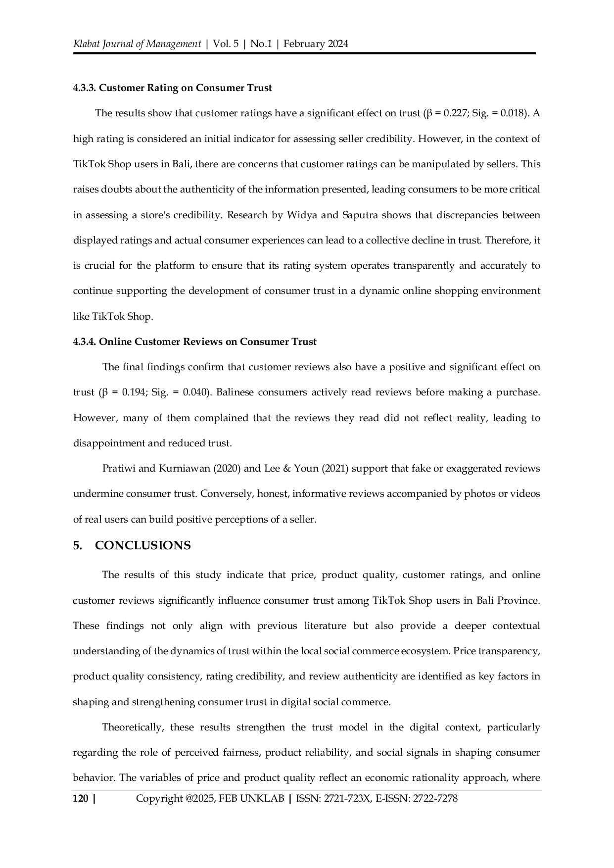 JURIS The Influence of Price Product Quality Customer Rating and Online Customer Review on Consumer Trust in TikTok Shop Users in Bali Province