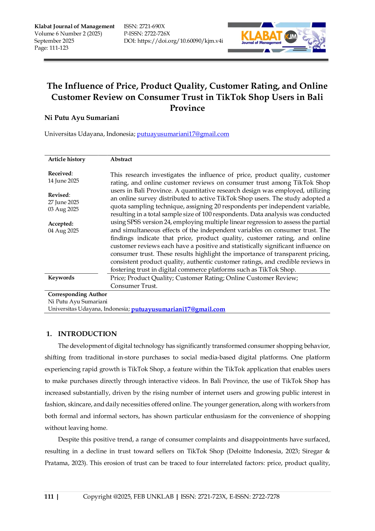JURIS The Influence of Price Product Quality Customer Rating and Online Customer Review on Consumer Trust in TikTok Shop Users in Bali Province
