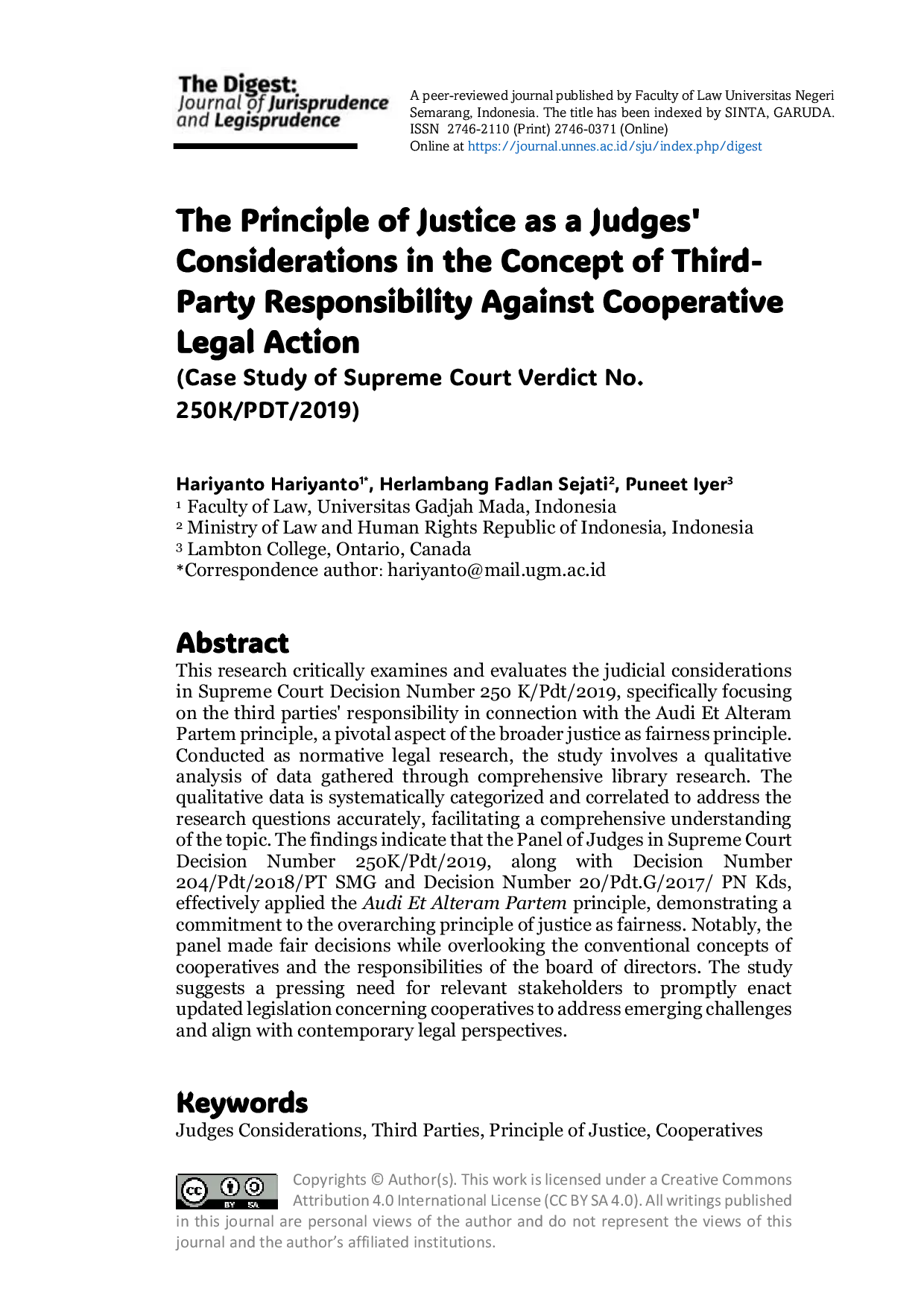 JURIS The Principle of Justice as a Judges Considerations in the Concept of Third Party Responsibility Against Cooperative Legal Action