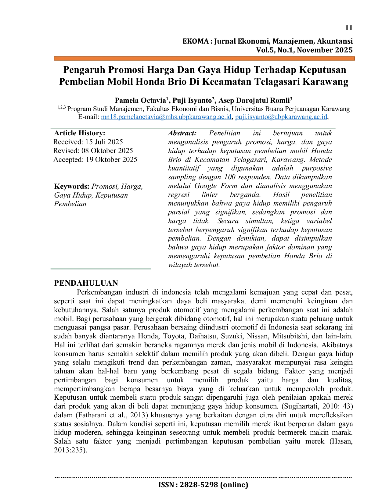 JURIS Pengaruh Promosi Harga Dan Gaya Hidup Terhadap Keputusan Pembelian Mobil Honda Brio Di Kecamatan Telagasari Karawang